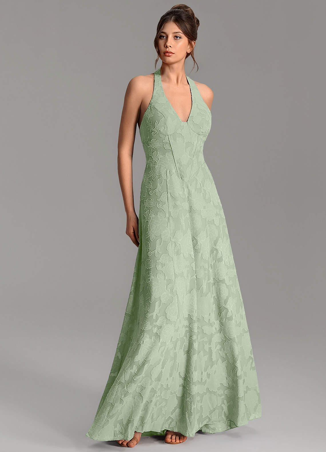 Nia A-Line V-Neck Floral Burnout Bridesmaid Dress in Dusty Sage