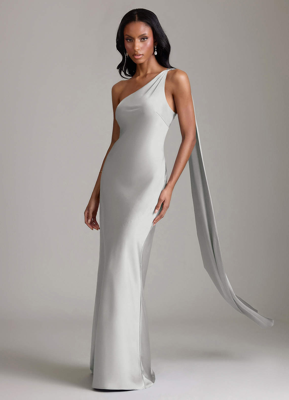 Juniper Mermaid One-Shoulder Stretch Satin Bridesmaid Dress in Silver