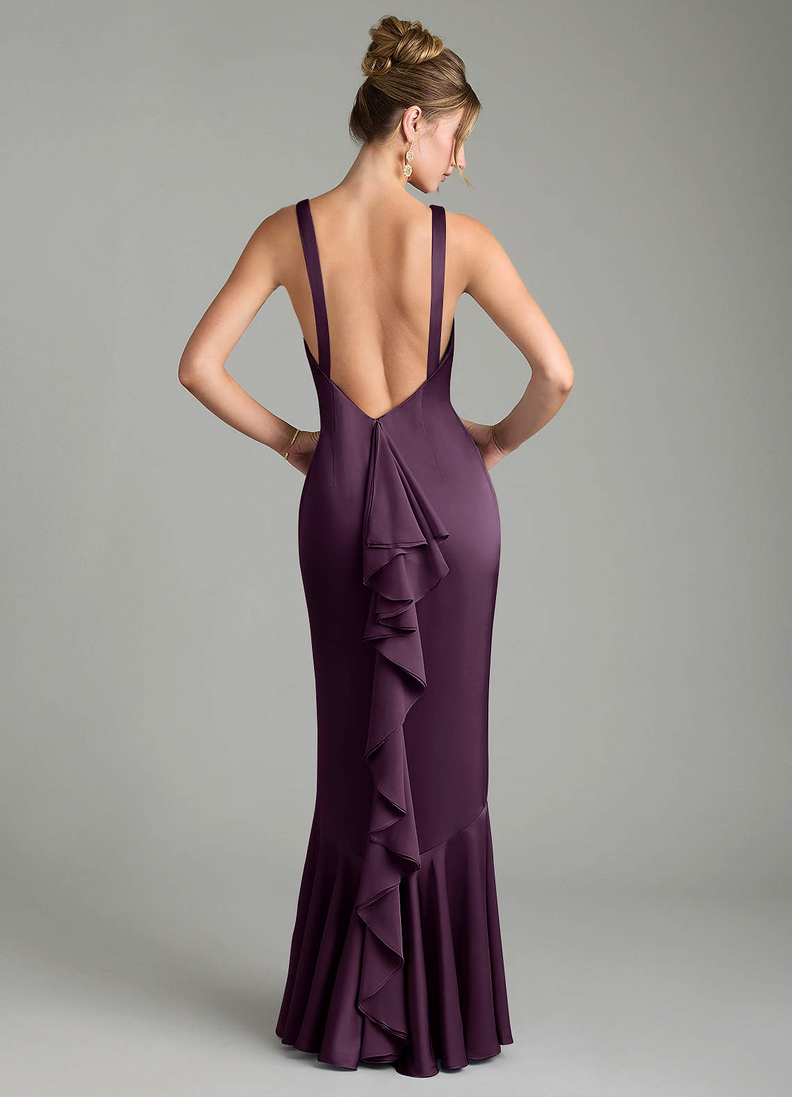 Tamera Mermaid Boat-Neck Stretch Satin and Chiffon Bridesmaid Dress in Plum