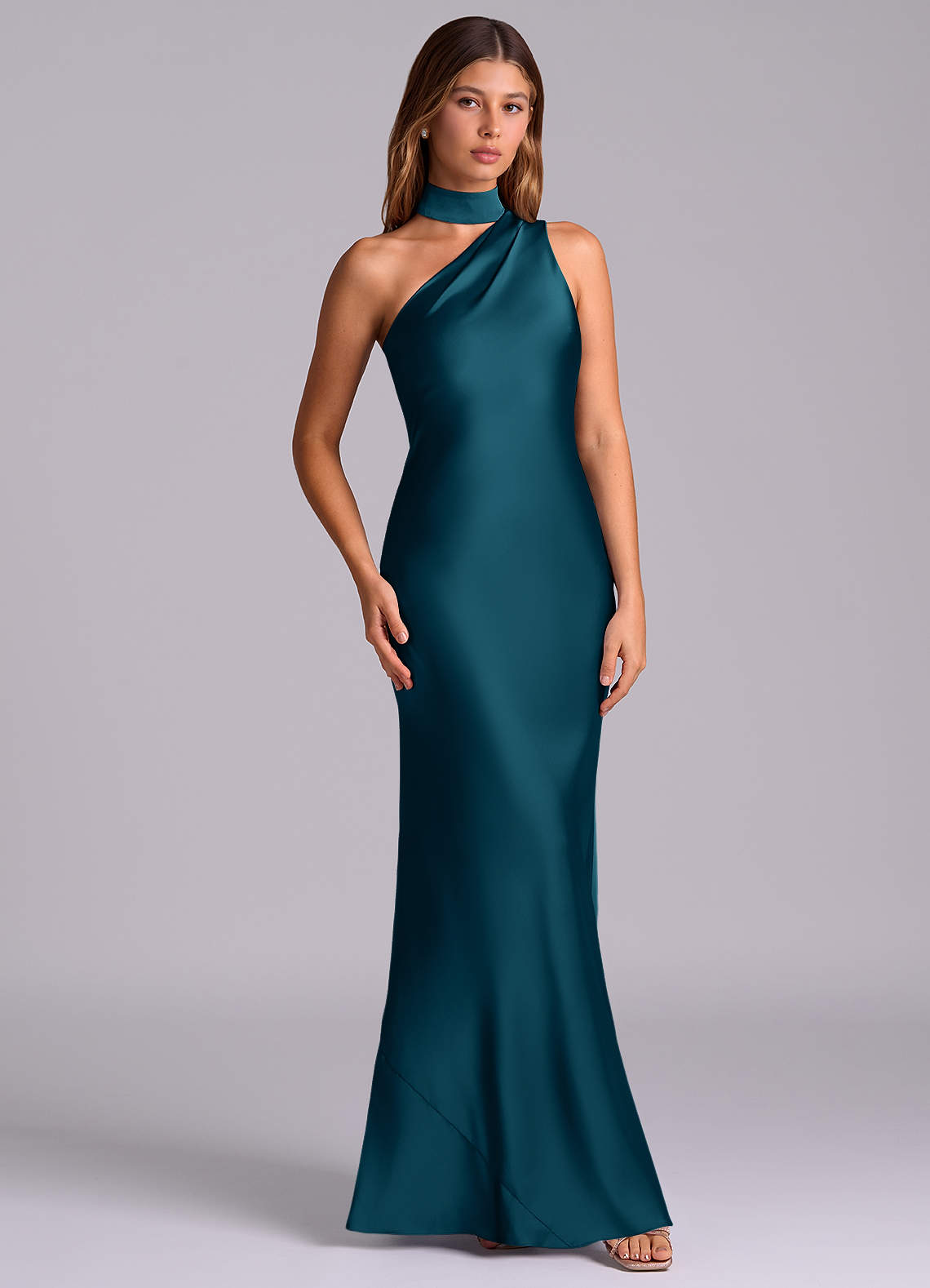 Seona Mermaid One-Shoulder Stretch Satin and Tulle Bridesmaid Dress in Ink Blue