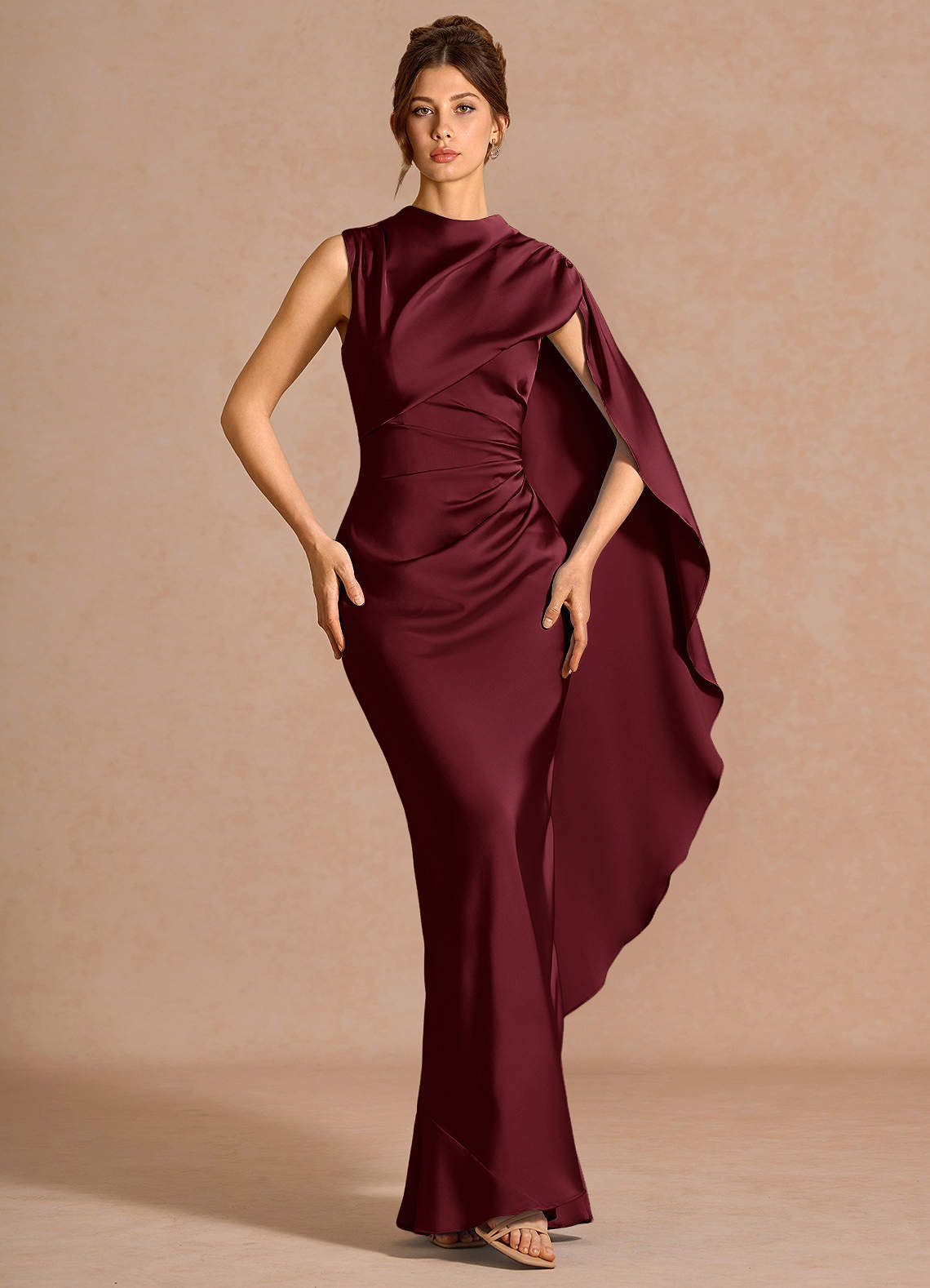 Chesney Cape-Sleeve Pleated Stretch Satin Wedding Guest Dress in Wine