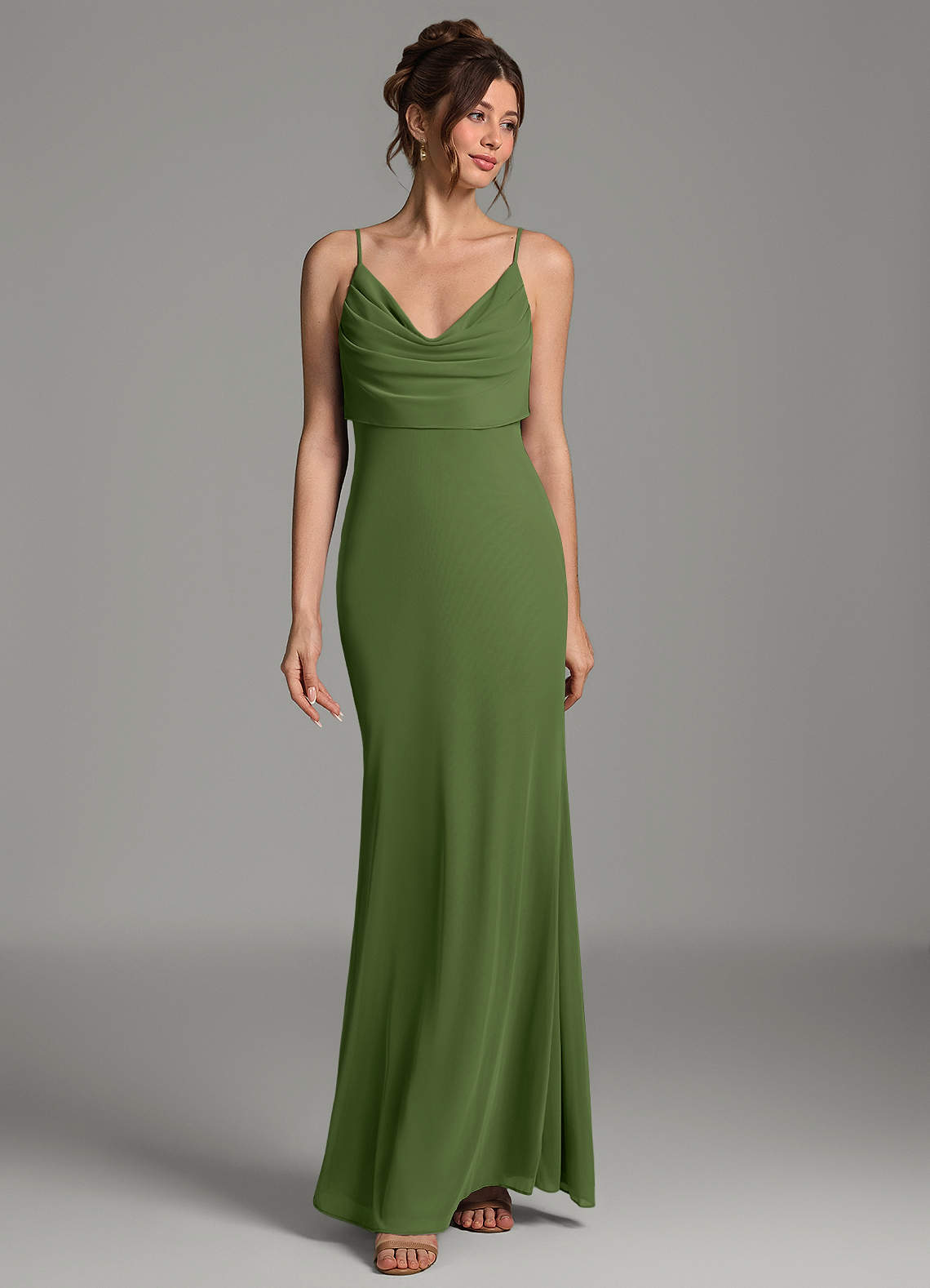 Zari Mermaid Cowl-Neck Mesh Bridesmaid Dress in Olive