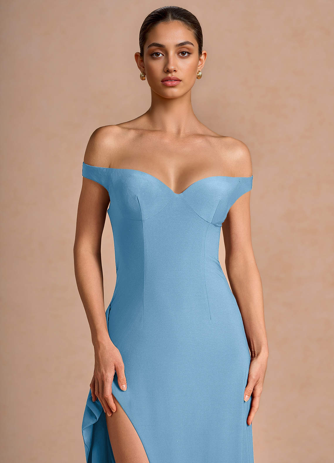 Jasira Sheath V-Neck Stretch Knit Evening Dress in Steel Blue
