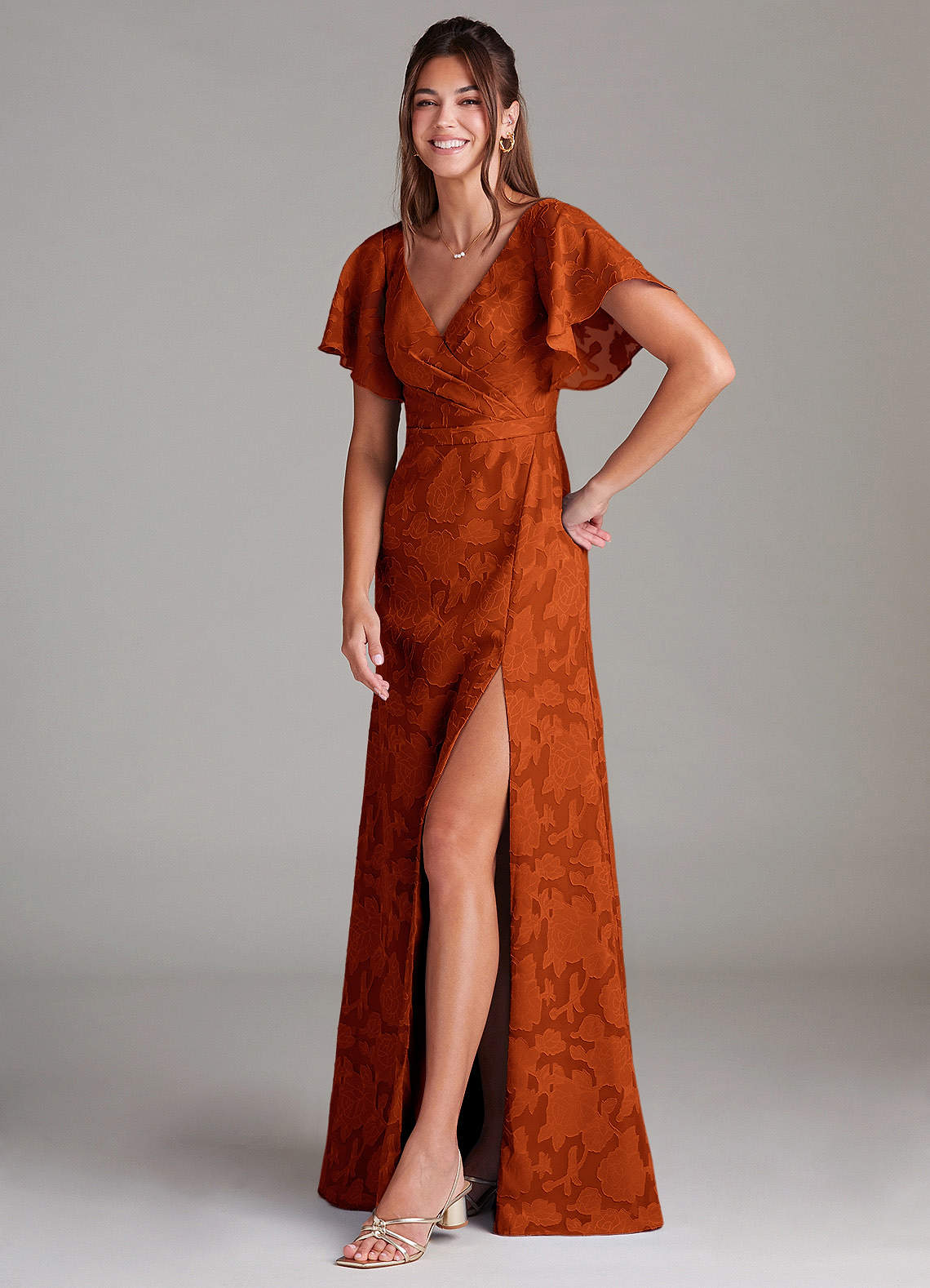 Ambrosia A-Line V-Neck Floral Burnout Bridesmaid Dress in Paprika