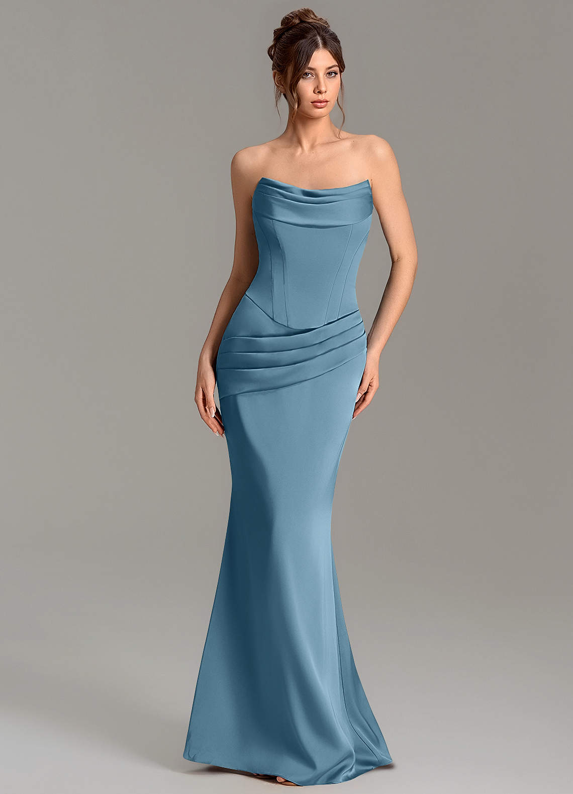 Adrienne Mermaid Cowl-Neck Stretch Satin Bridesmaid Dress in Bermuda
