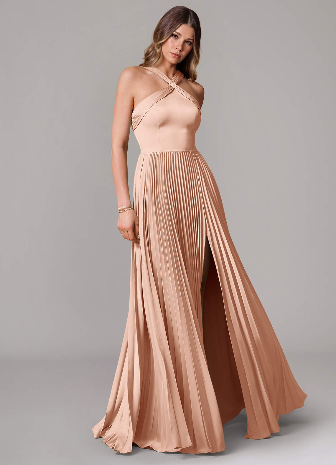 Afra A-Line Halter-Neck Stretch Satin Bridesmaid Dress in rose gold