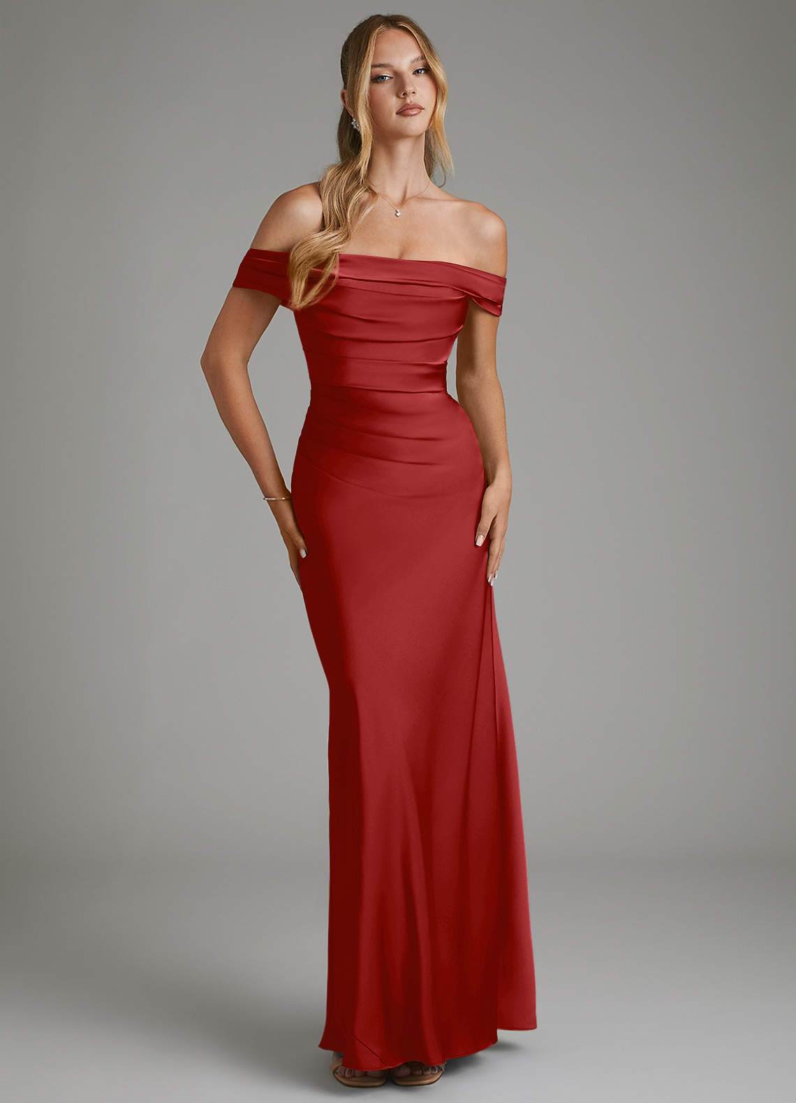 Hayden Mermaid Off-the-Shoulder Stretch Satin Bridesmaid Dress in Pomegranate