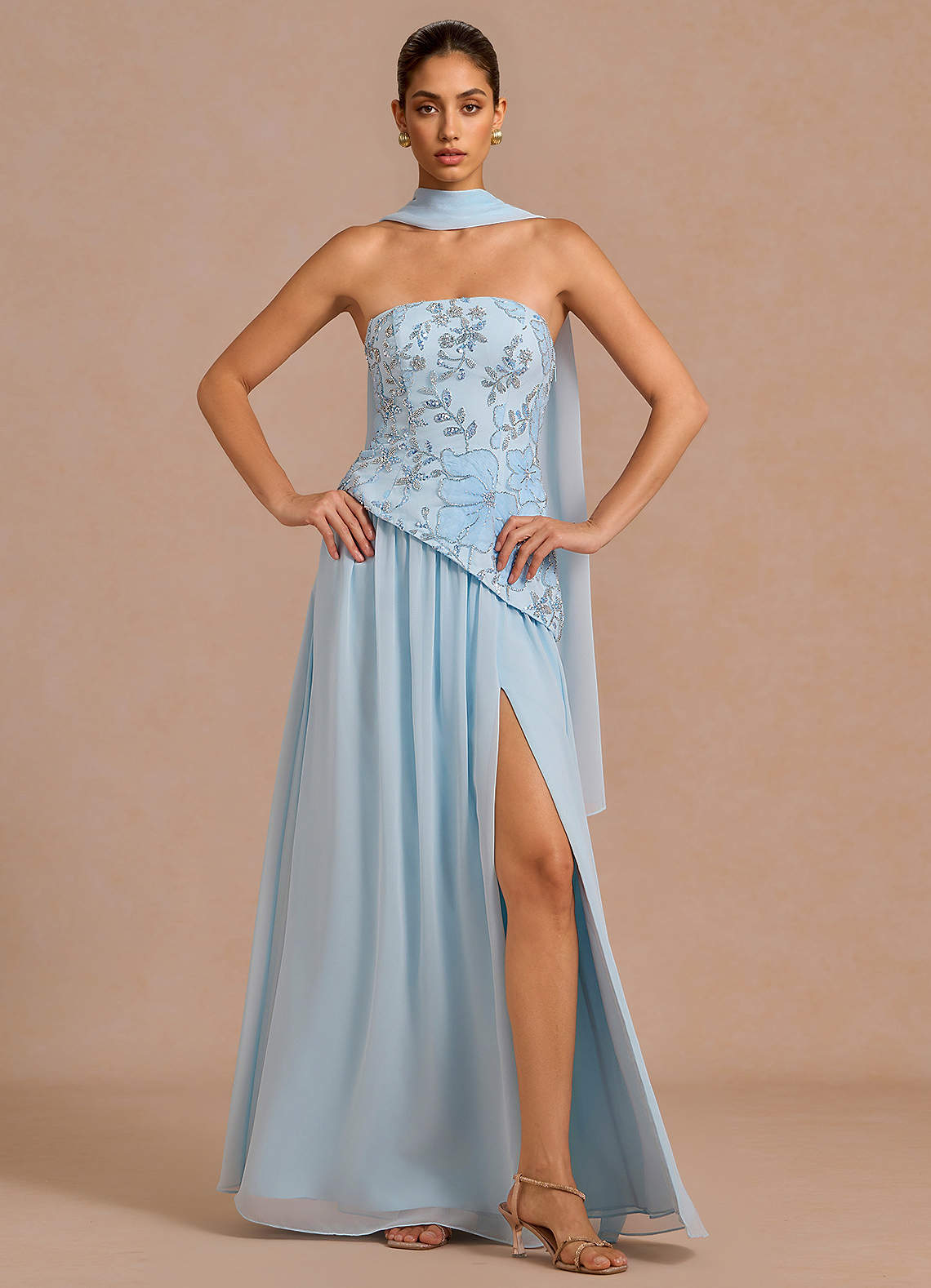 Galatea Sky Blue A-Line Floral Chiffon Evening Dress in Sky Blue