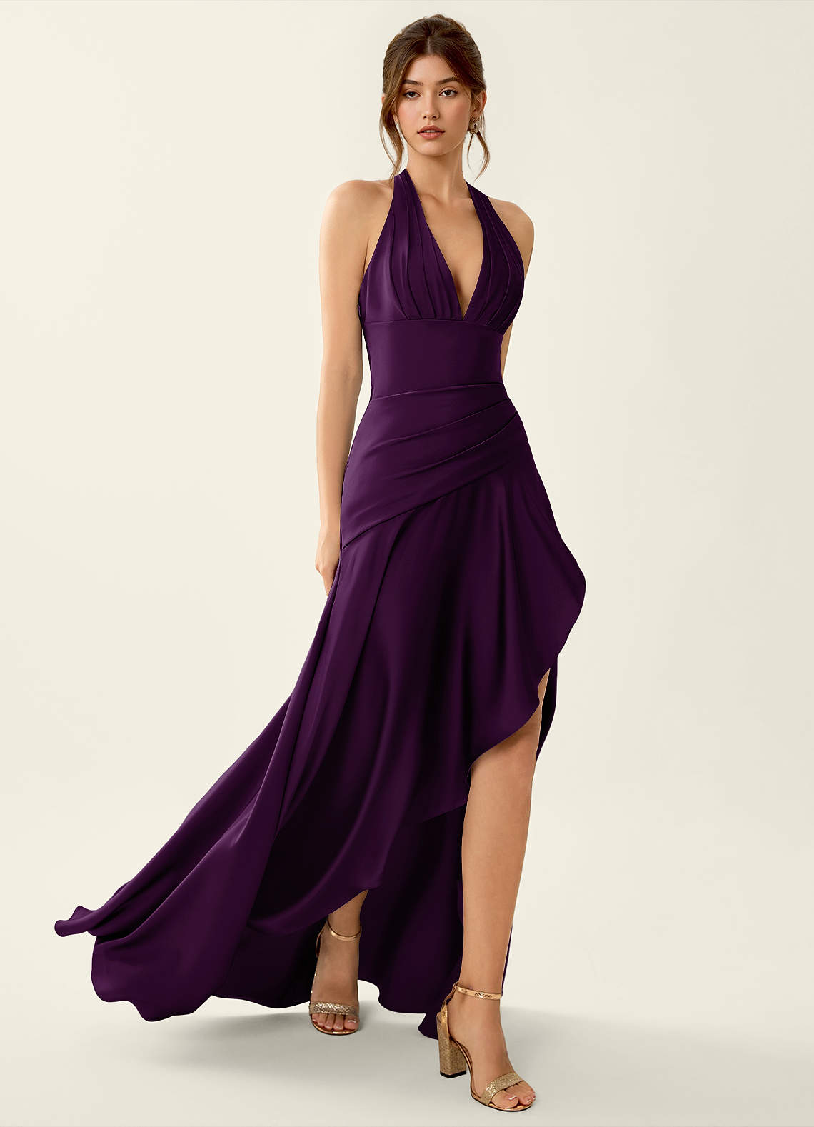 Titania Halter Asymmetric-Ruffle Satin Evening Dress in Grape