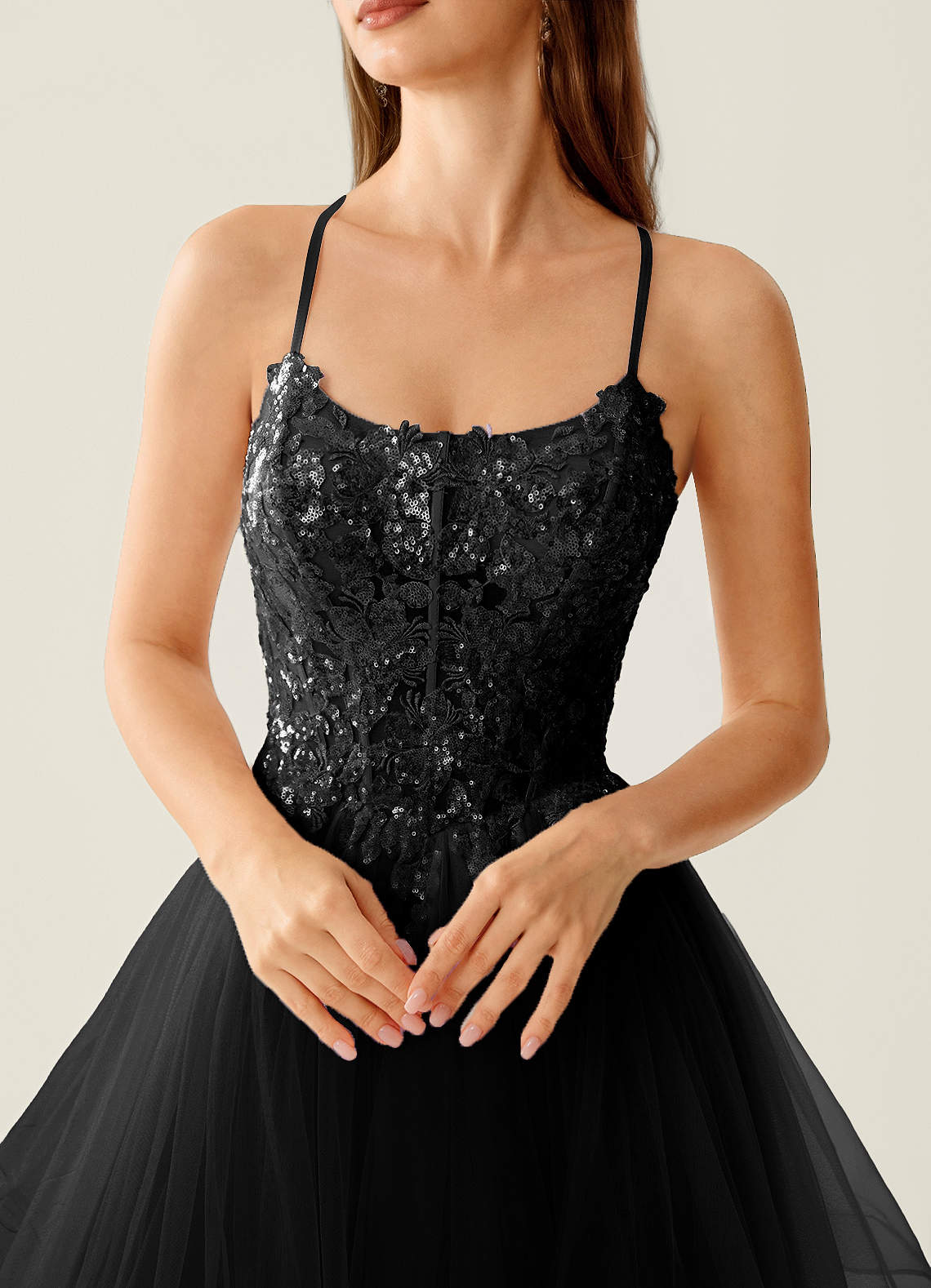 Mosaic A-Line V-Neck Tulle Evening Dress in black