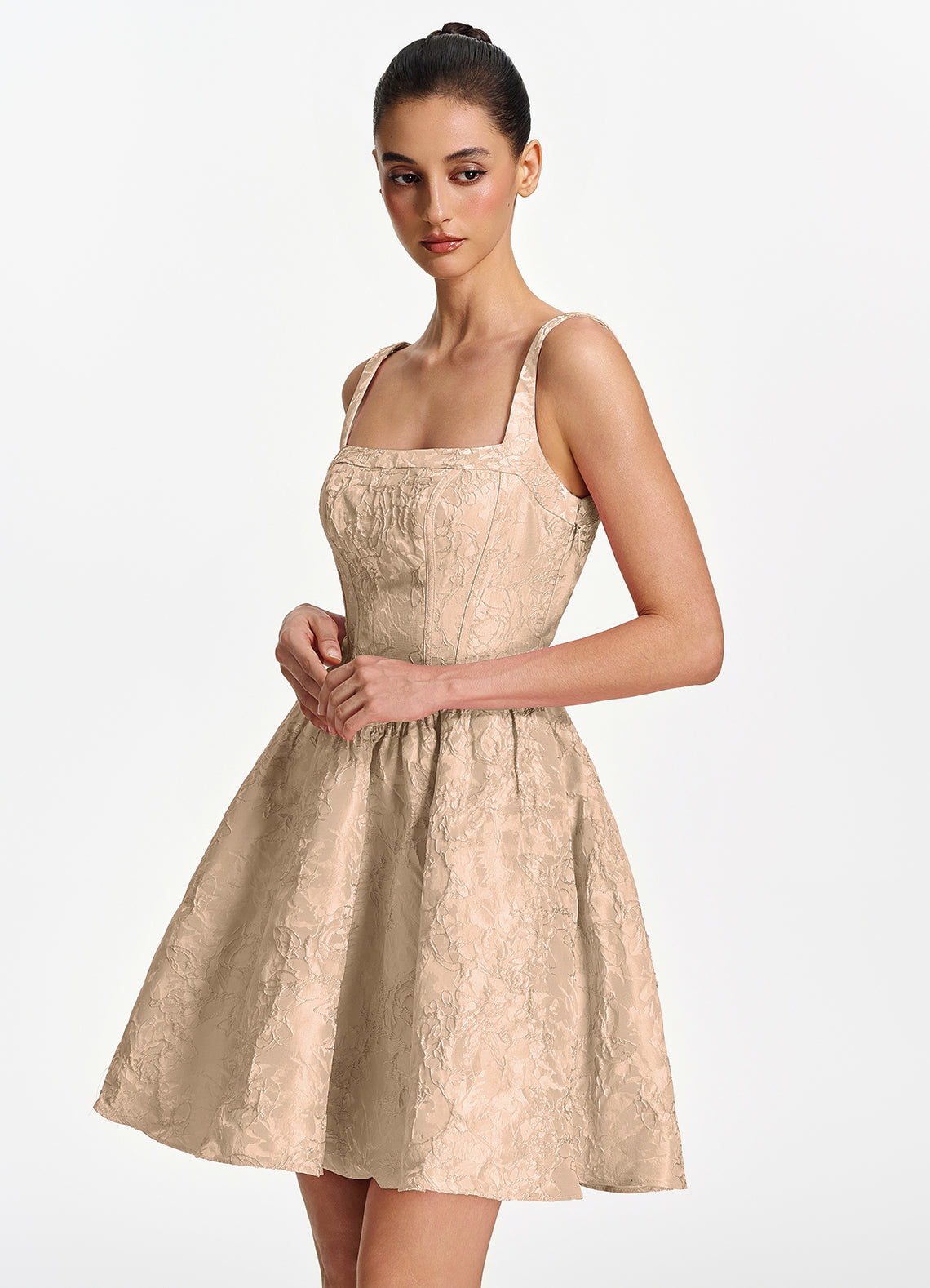 Lionelle Skater Mini Square-Neck Jacquard Prom Dress in Champagne - photo 4