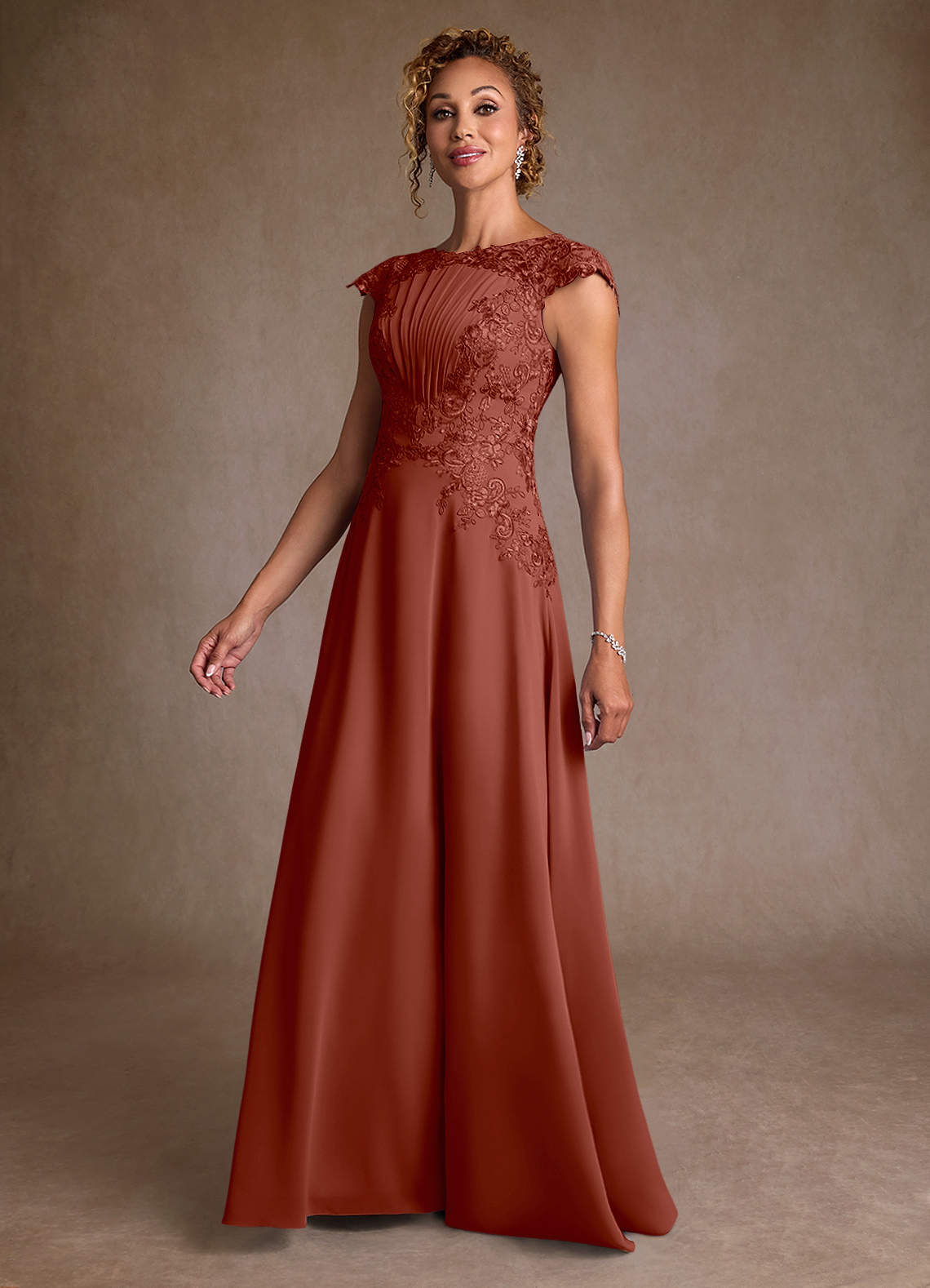 Christi A-Line Scoop-Neck Chiffon and Lace Mother of the Bride Dress in Auburn