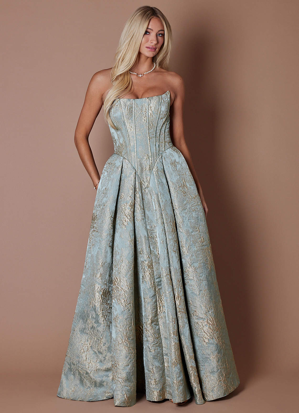 Lesley Ball Gown Strapless Brocade Evening Dress in Gilded Steel