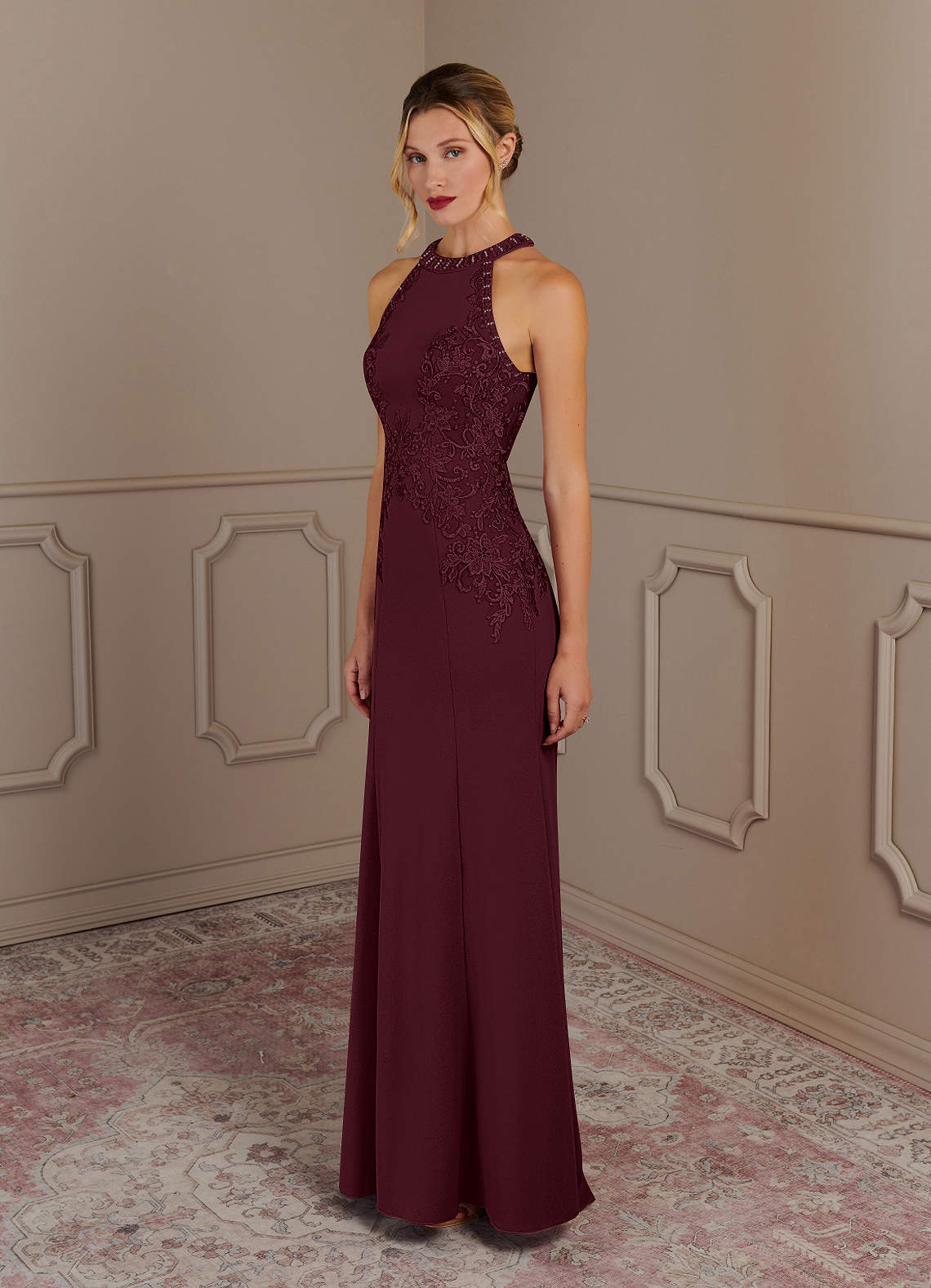 Tyra Mermaid Halter Tulle and Stretch Crepe Mother of the Bride Dress in Cabernet