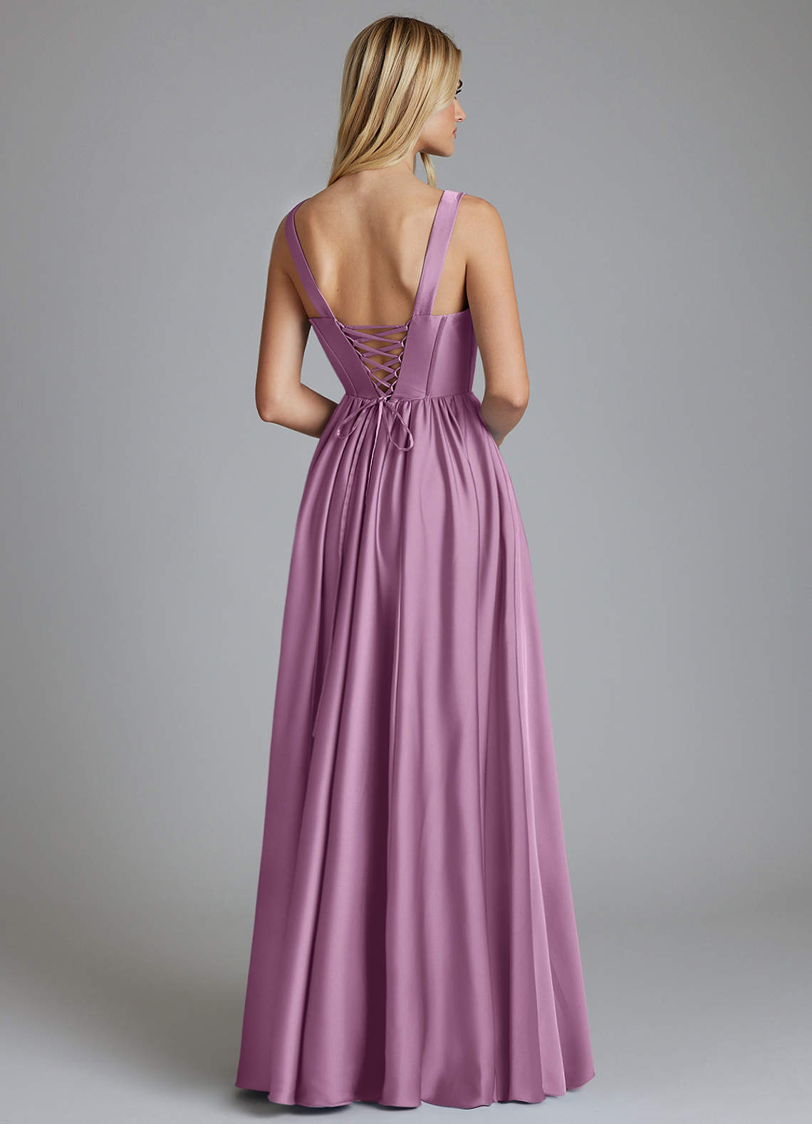 Delmie A-Line V-Neck Stretch Satin Bridesmaid Dress in Wisteria