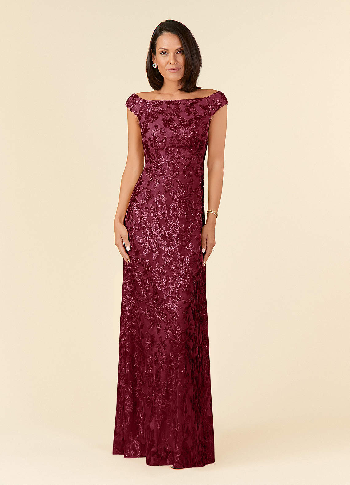 Porcelain A-Line Off-the-Shoulder Lace Mother of the Bride Dress in Burgundy