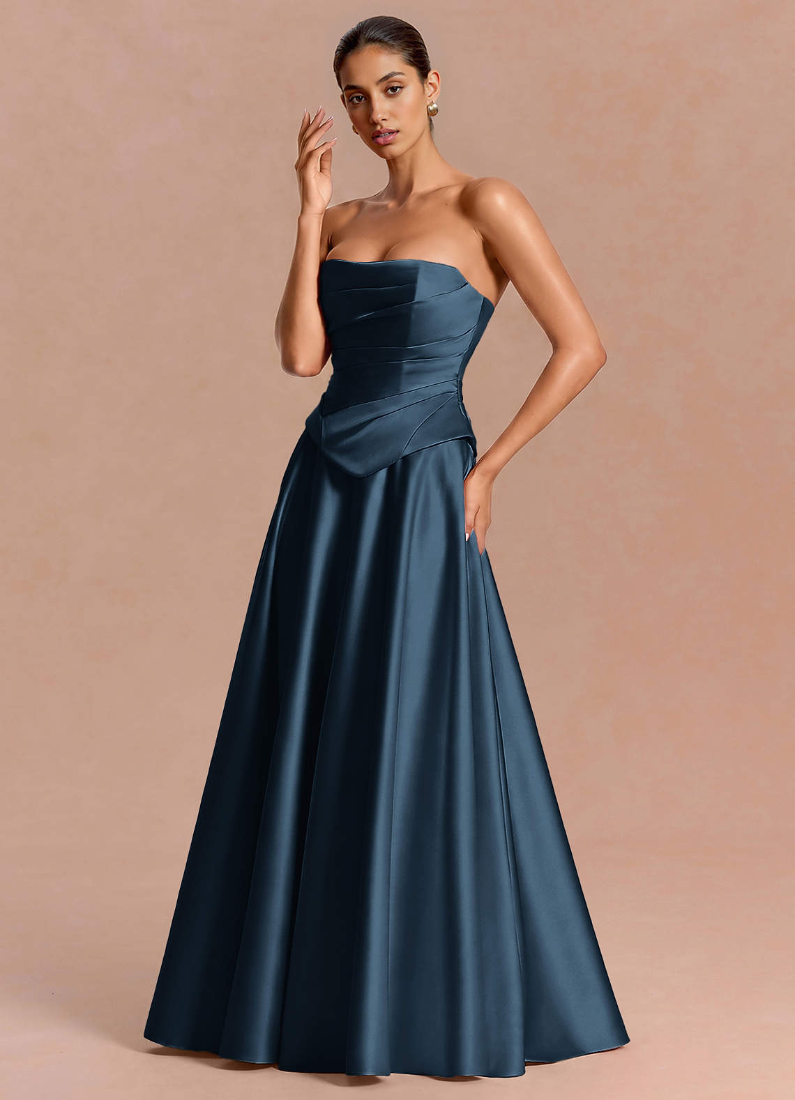 Eponine A-Line Pleated Stretch Satin Evening Dress in Navy