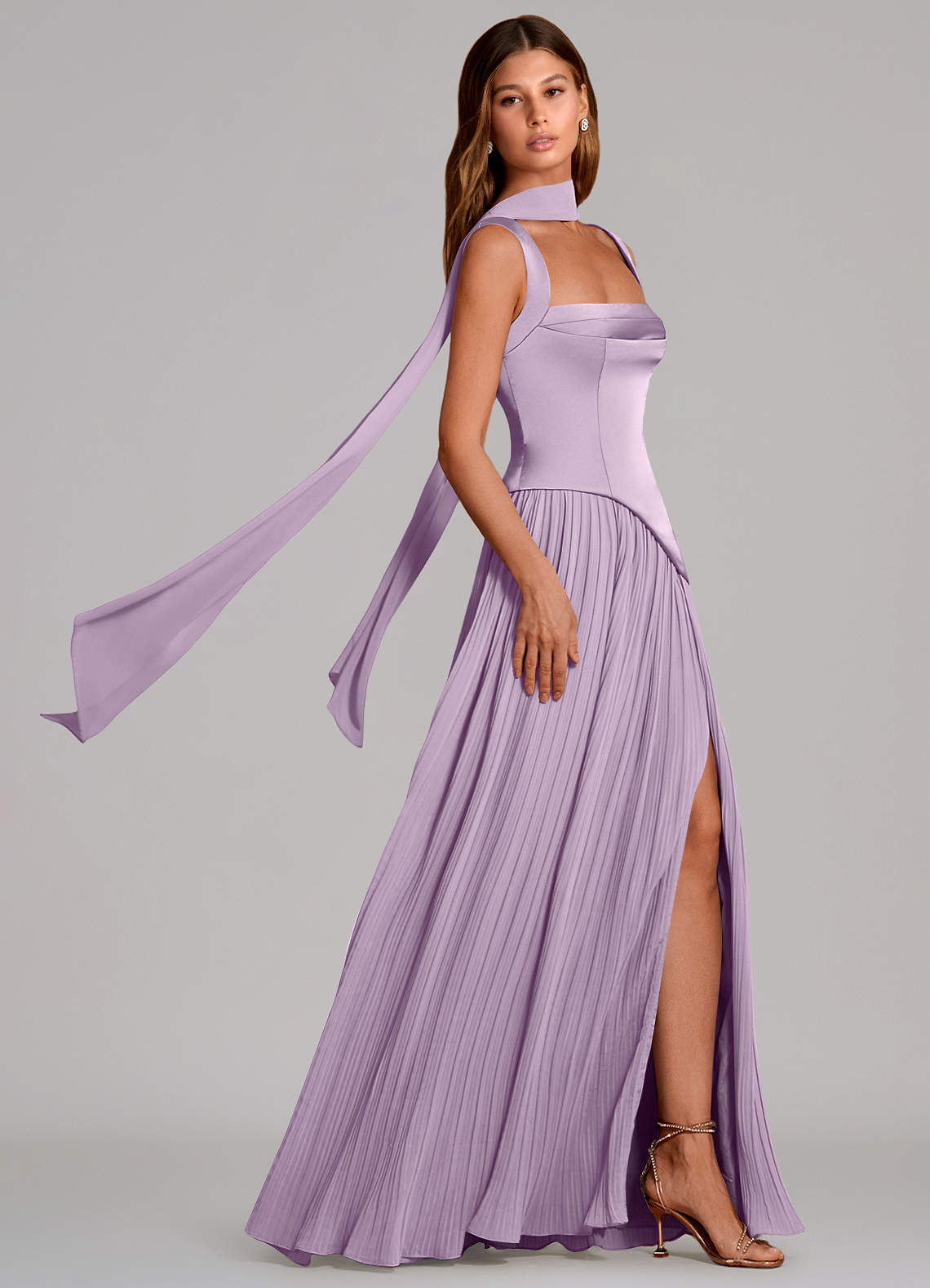 Stephanie A-Line Square-Neck Stretch Satin and Chiffon Bridesmaid Dress in Frosted Lilac