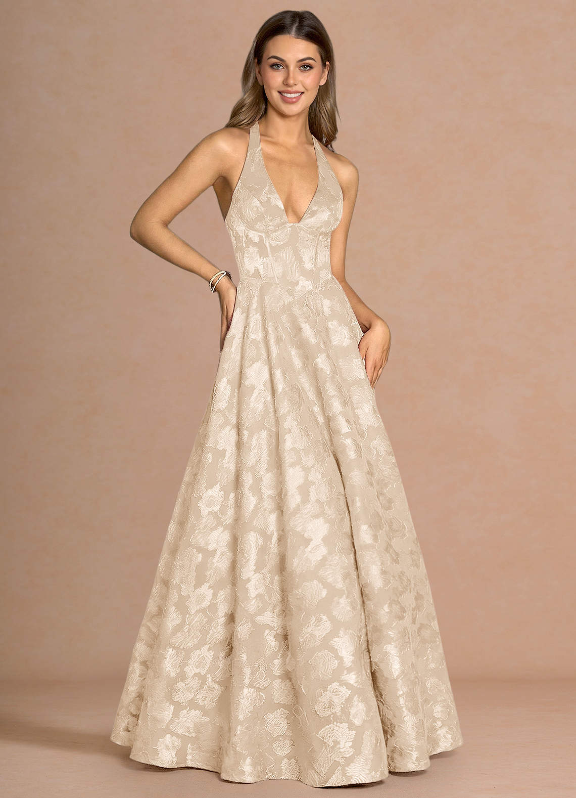 Isabeau A-Line V-Neck Fil Coupé Evening Dress in Cream