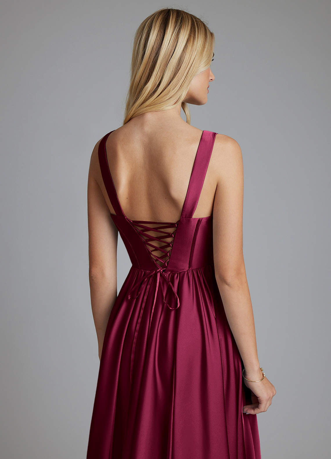 Delmie A-Line V-Neck Stretch Satin Bridesmaid Dress in Burgundy