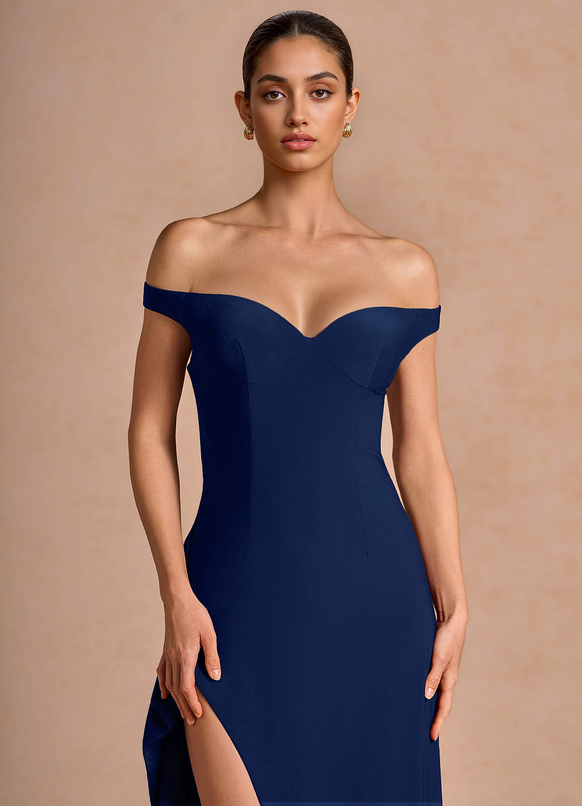 Jasira Sheath V-Neck Stretch Knit Evening Dress in Navy