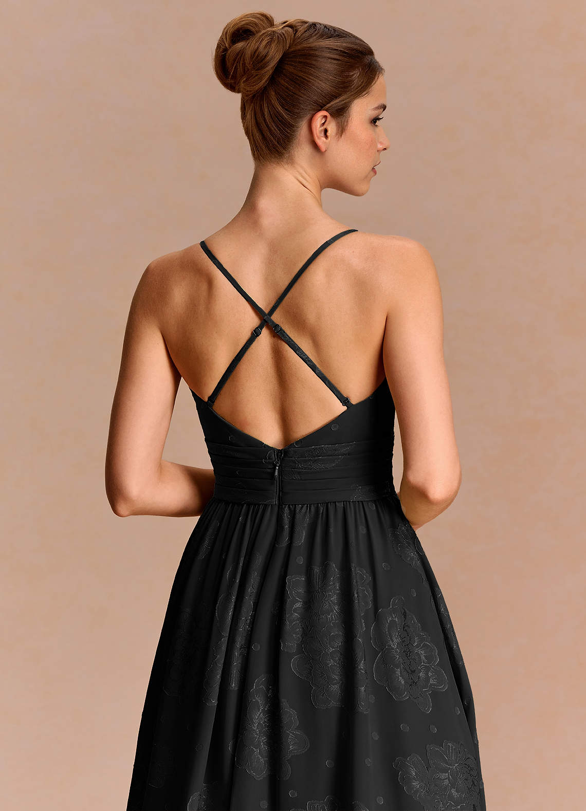 Anaëlle A-Line V-Neck Chiffon Burnout Evening Dress in black