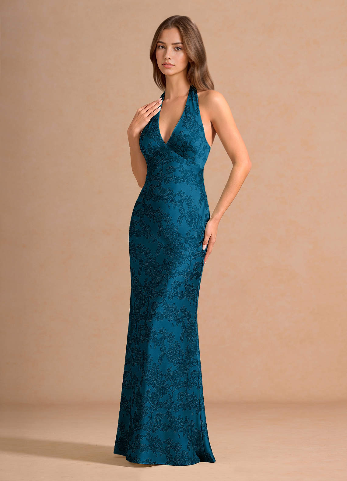 Ottoline Plunging V-Neck Open-Back Jacquard Evening Dress in Navy Black