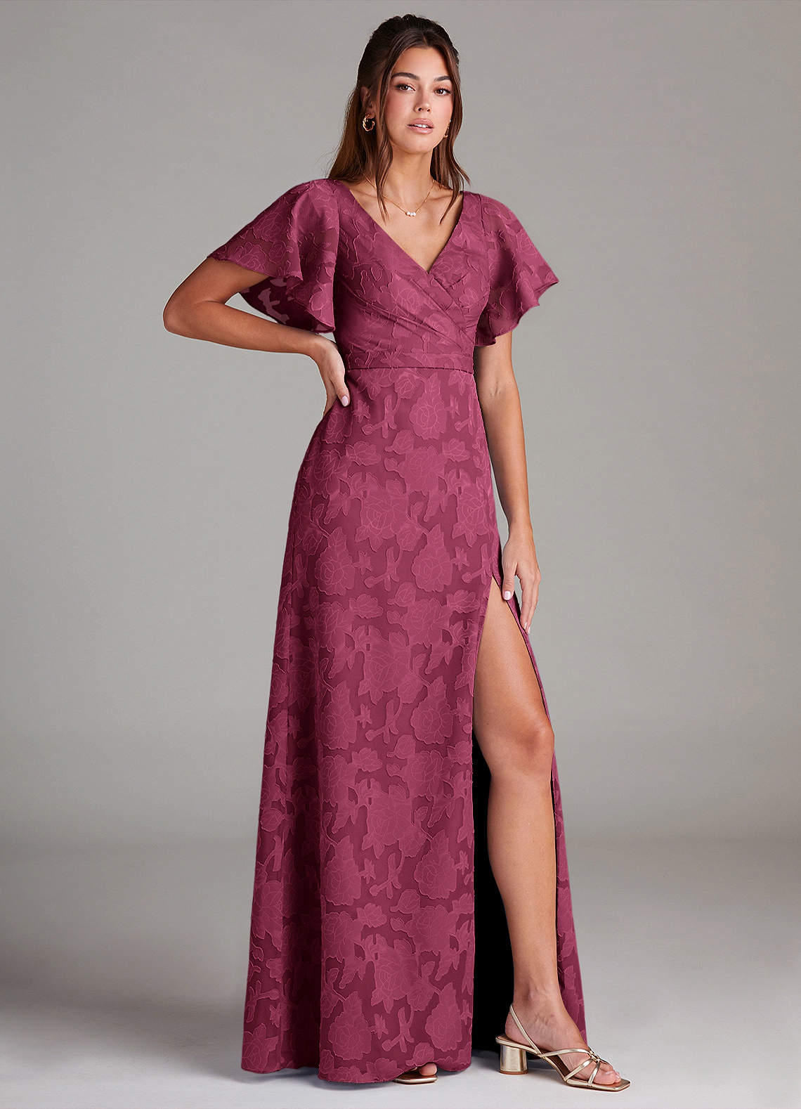 Ambrosia A-Line V-Neck Floral Burnout Bridesmaid Dress in Mulberry