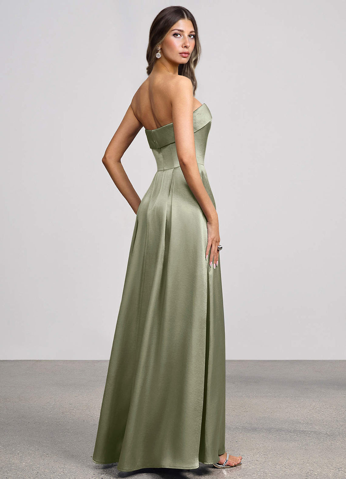 Isolde Strapless Folded-Neck Corset Luminous Satin Evening Dress in Dusty Sage