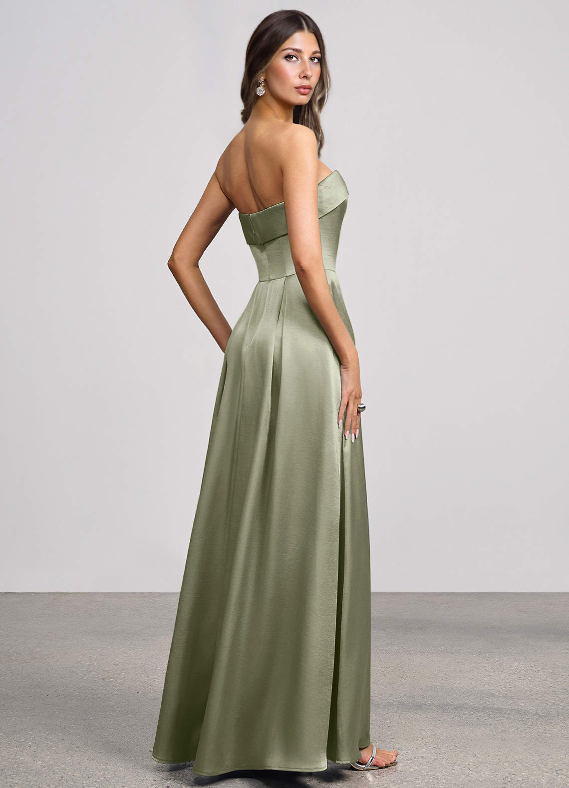 Isolde Strapless Folded-Neck Corset Luminous Satin Evening Dress in Dusty Sage
