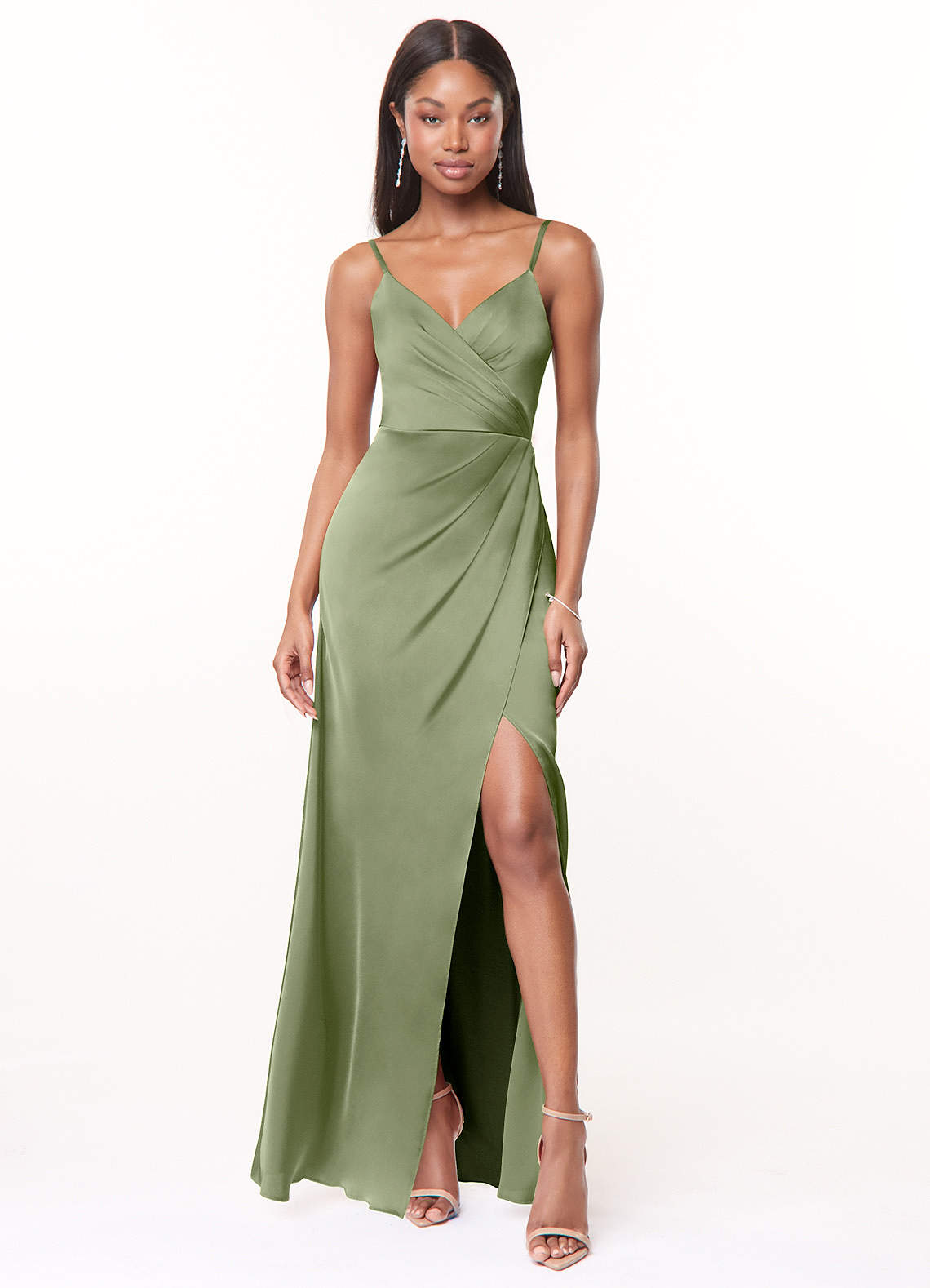 Maci A-Line V-Neck Stretch Satin Bridesmaid Dress in Pistachio