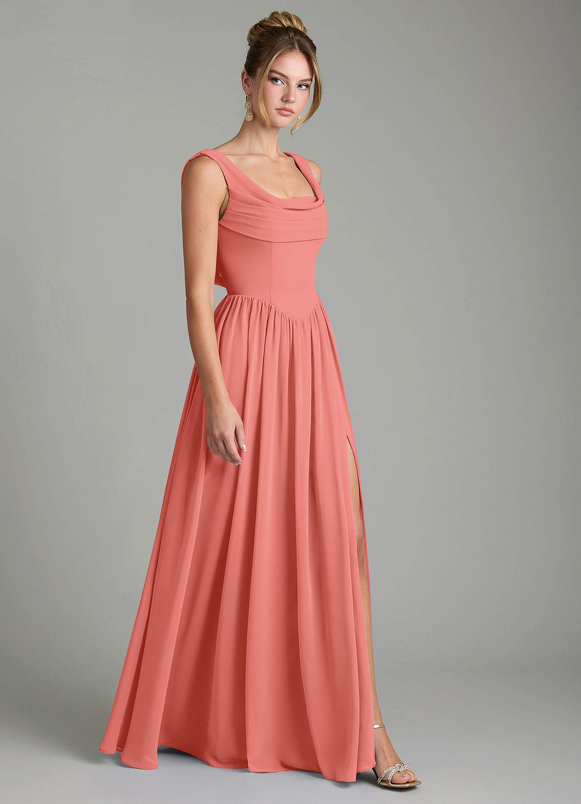 Novi A-Line Square-Neck Chiffon Bridesmaid Dress in Salmon Pink