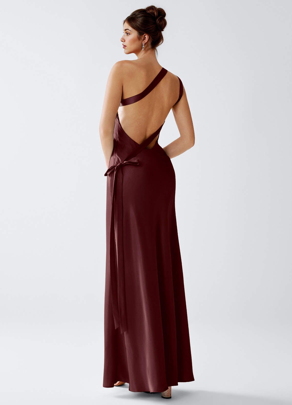 Stephanie Sheath One-Shoulder Luminous Satin Evening Dress in ganache