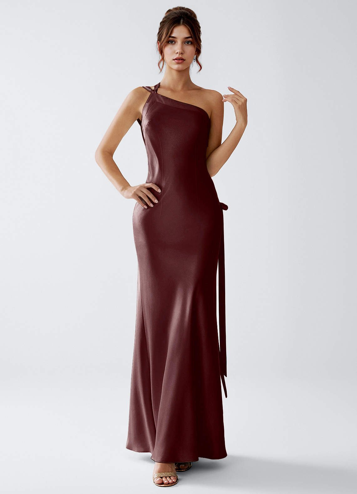 Stephanie Sheath One-Shoulder Luminous Satin Evening Dress in ganache