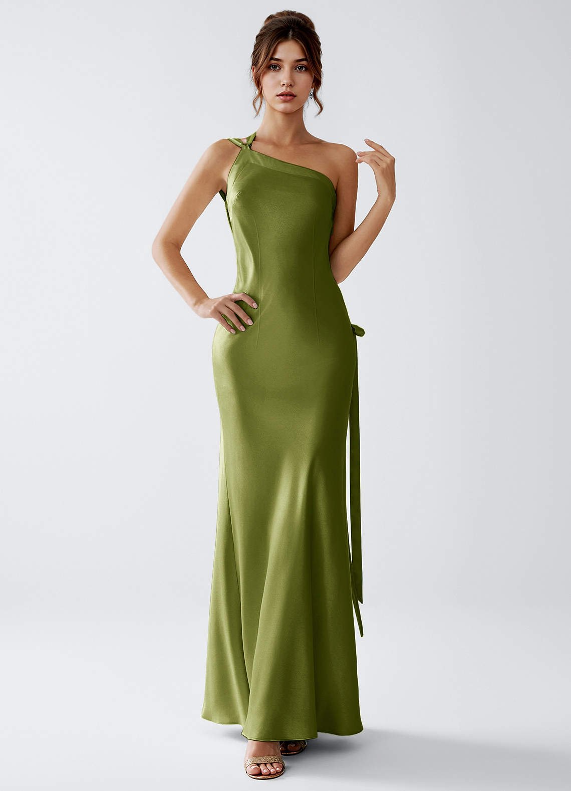 Stephanie Sheath One-Shoulder Luminous Satin Evening Dress in olive