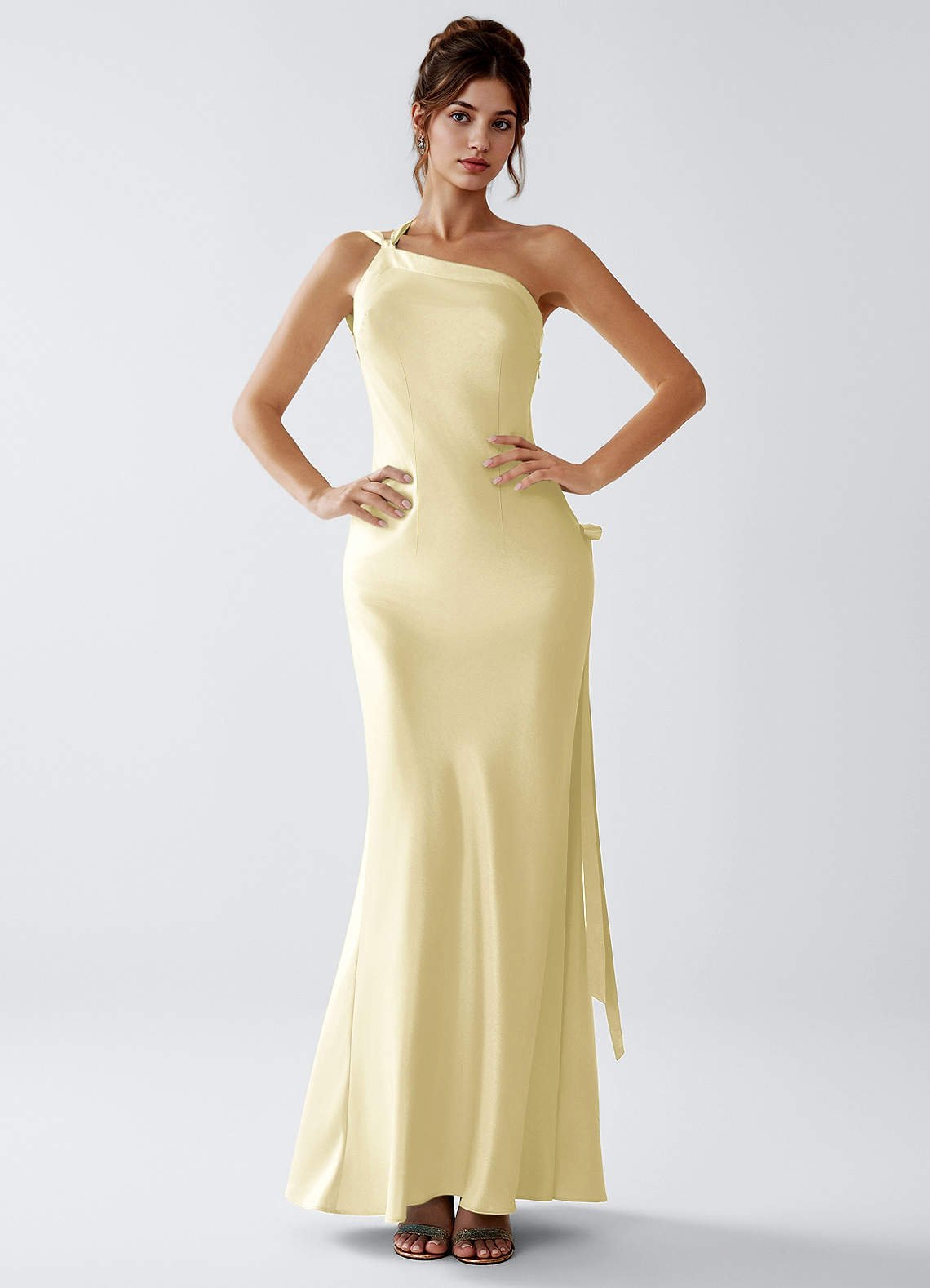 Stephanie Sheath One-Shoulder Luminous Satin Evening Dress in Lemon Sorbet