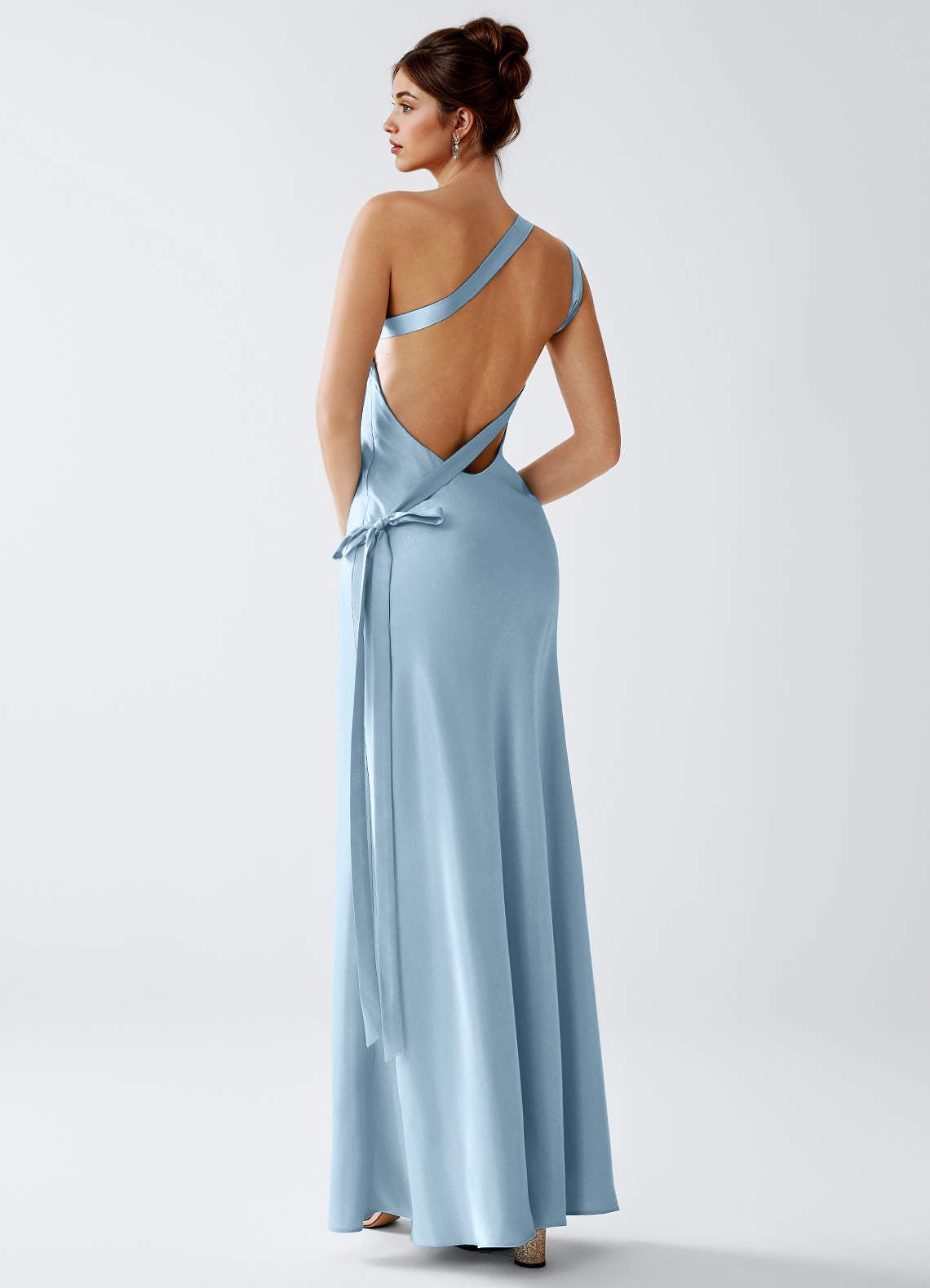 Stephanie Sheath One-Shoulder Luminous Satin Evening Dress in Sky Blue