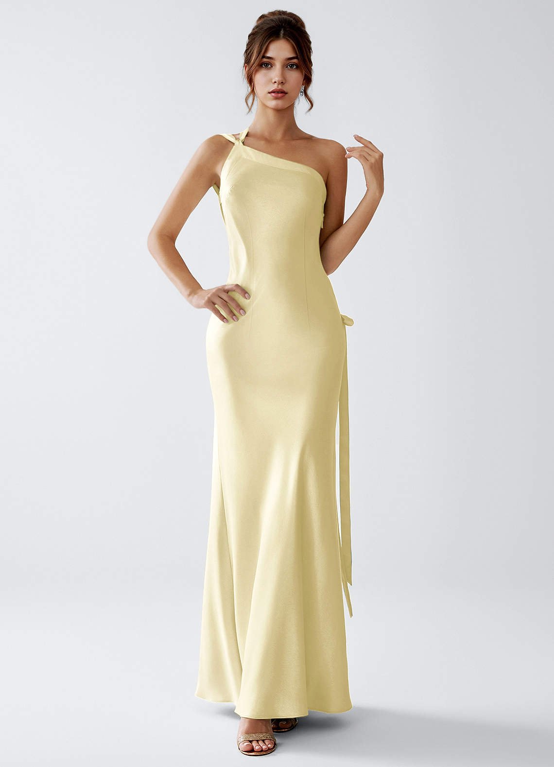 Stephanie Sheath One-Shoulder Luminous Satin Evening Dress in Lemon Sorbet
