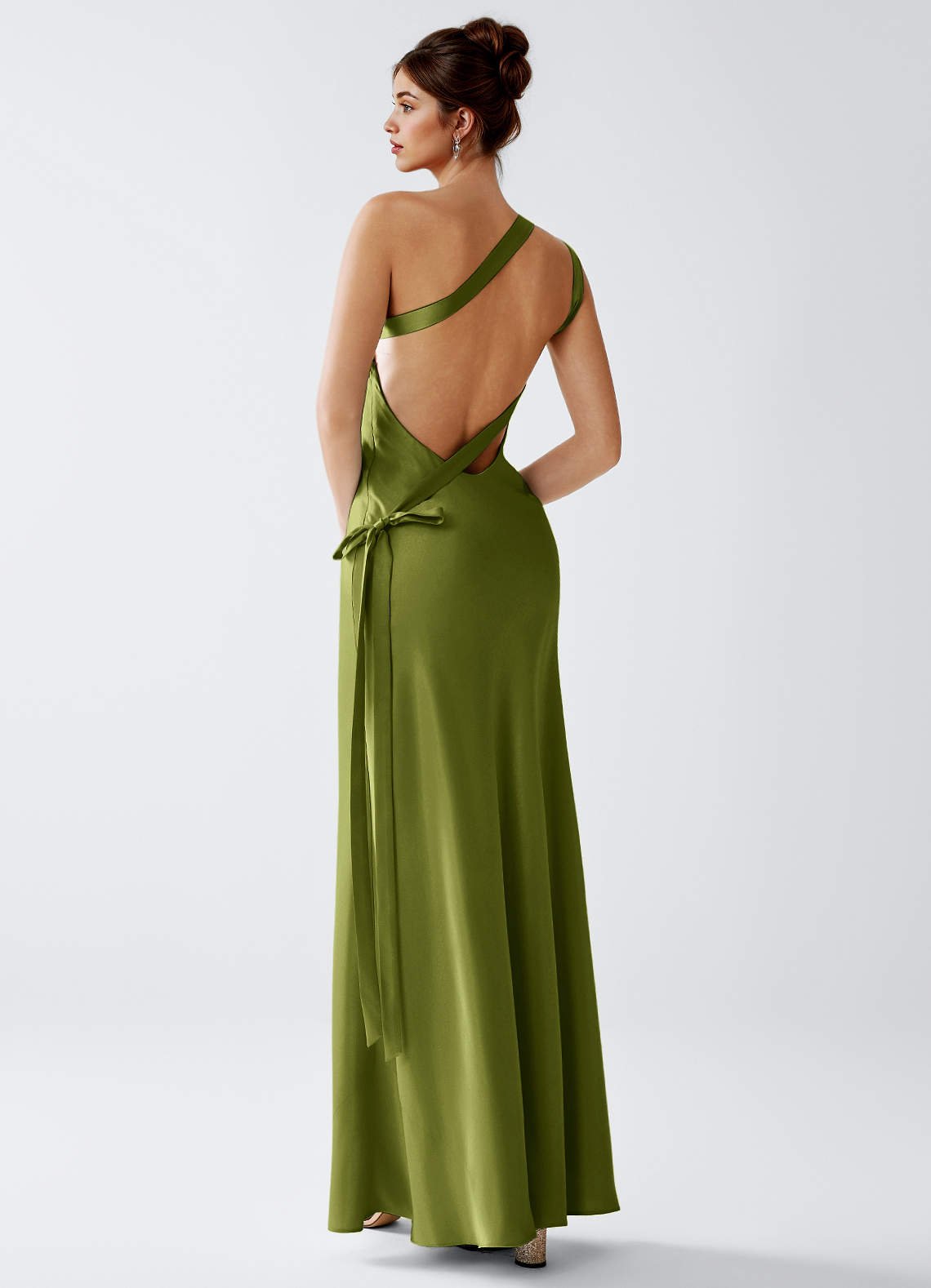 Stephanie Sheath One-Shoulder Luminous Satin Evening Dress in olive