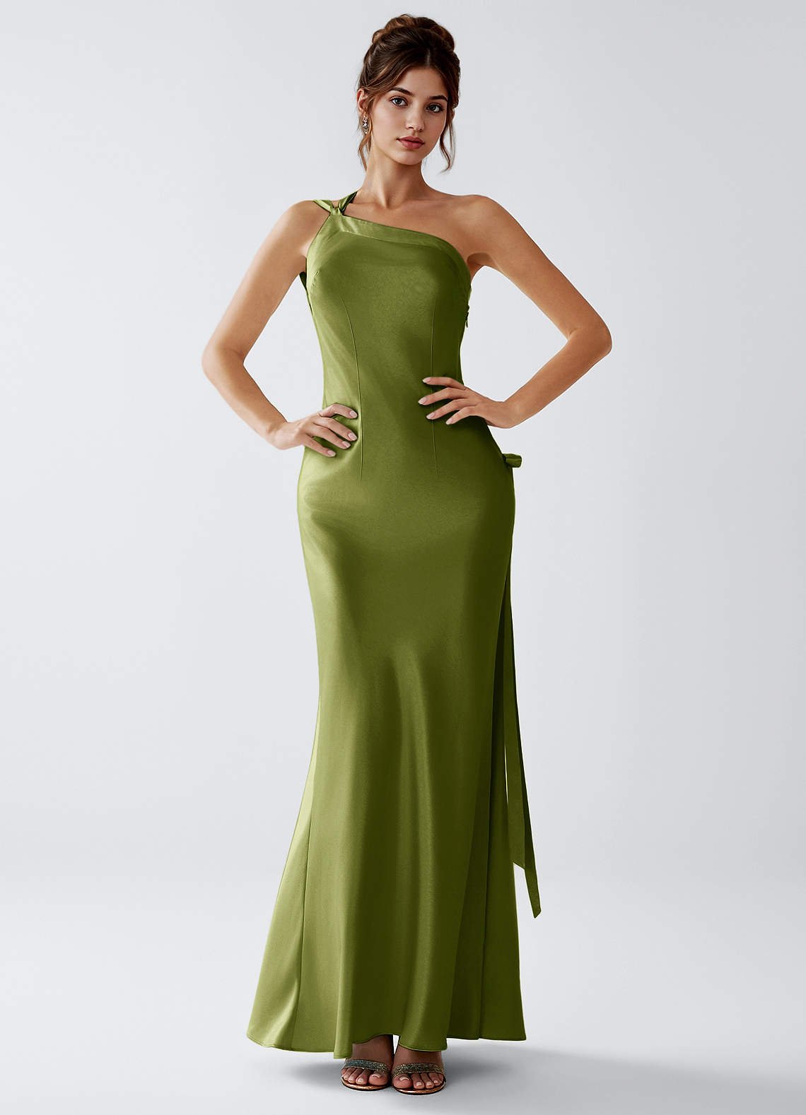 Stephanie Sheath One-Shoulder Luminous Satin Evening Dress in olive