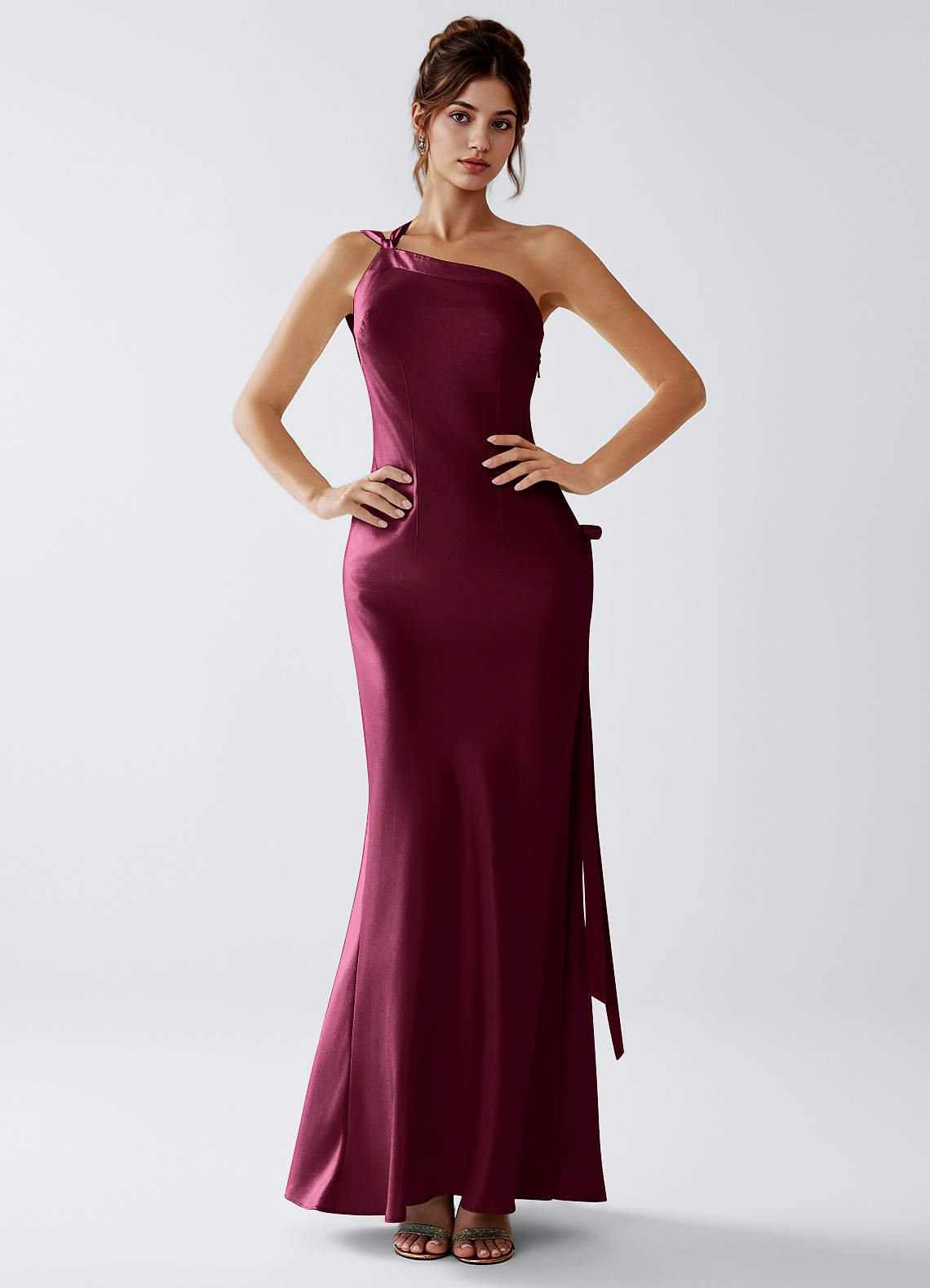 Stephanie Sheath One-Shoulder Luminous Satin Evening Dress in cabernet