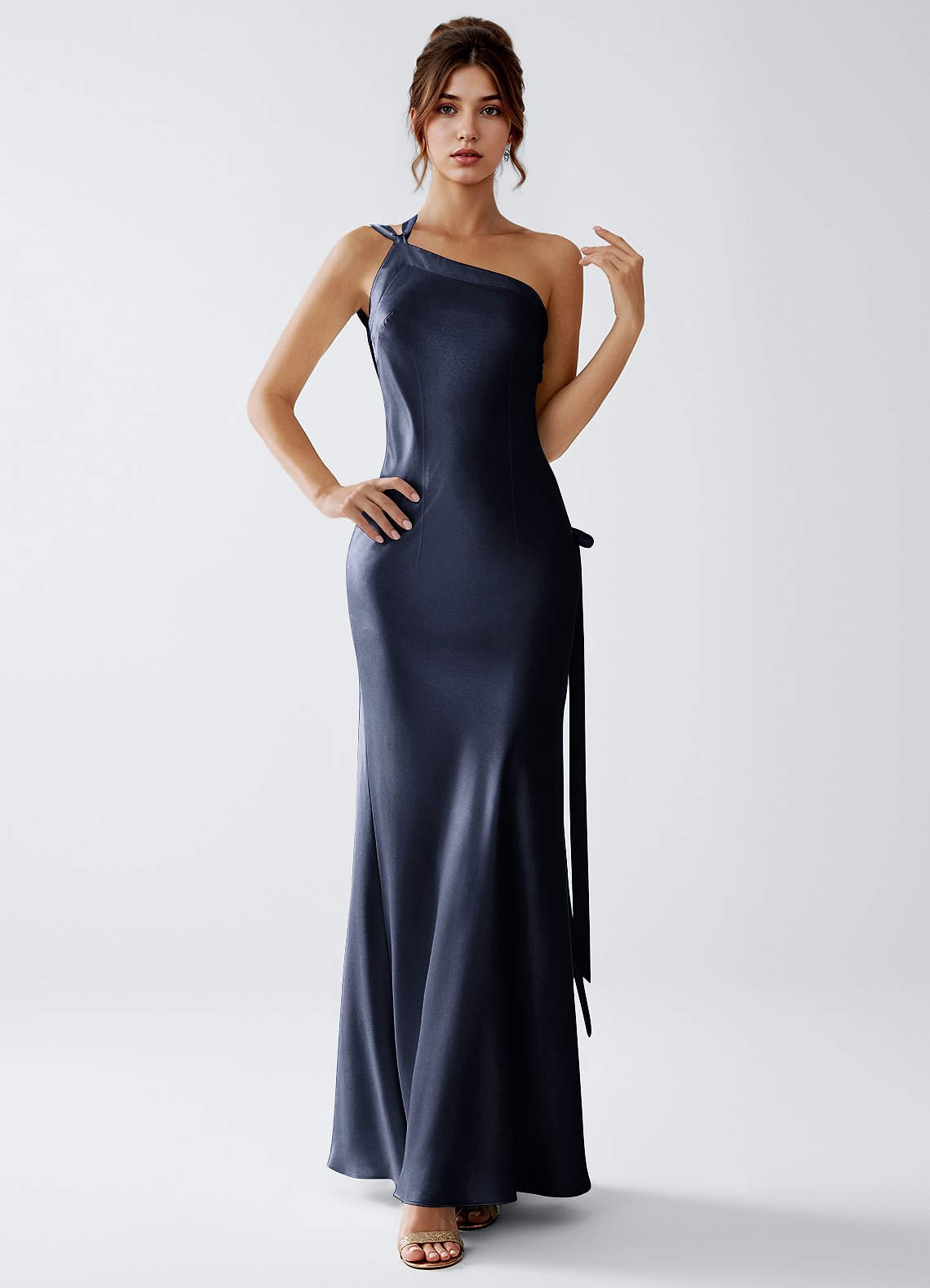 Stephanie Sheath One-Shoulder Luminous Satin Evening Dress in Navy
