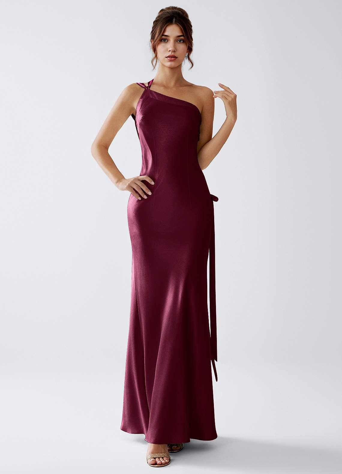 Stephanie Sheath One-Shoulder Luminous Satin Evening Dress in cabernet