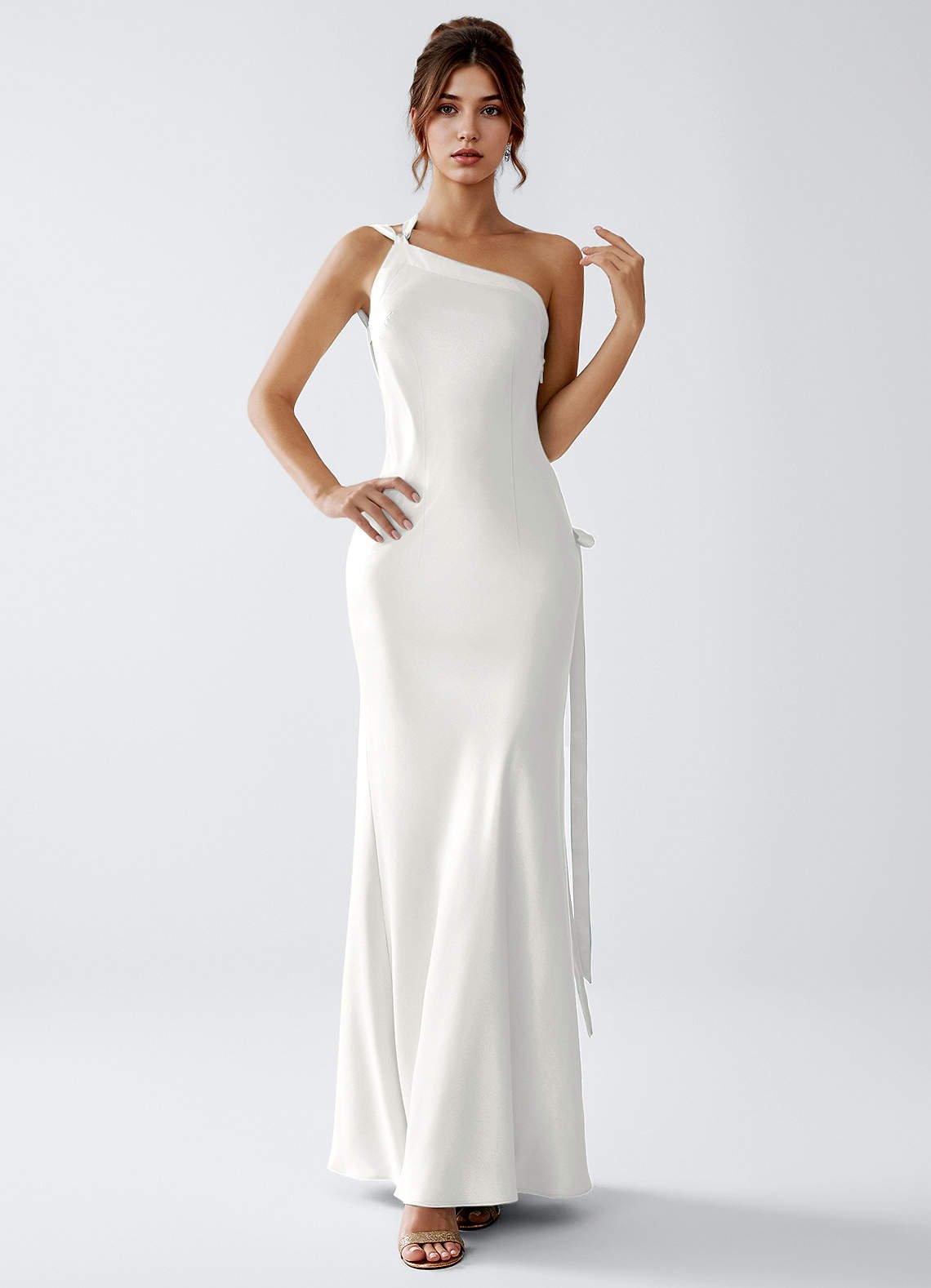 Stephanie Sheath One-Shoulder Luminous Satin Evening Dress in White