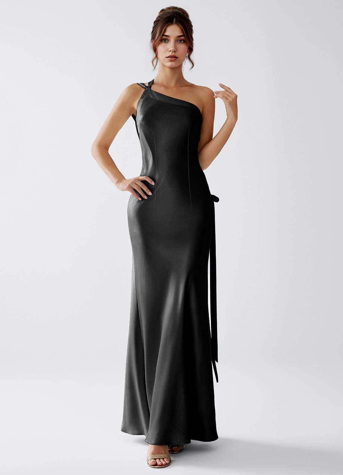 Stephanie Sheath One-Shoulder Luminous Satin Evening Dress in Black