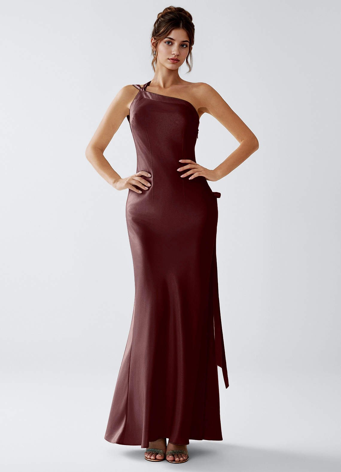 Stephanie Sheath One-Shoulder Luminous Satin Evening Dress in ganache