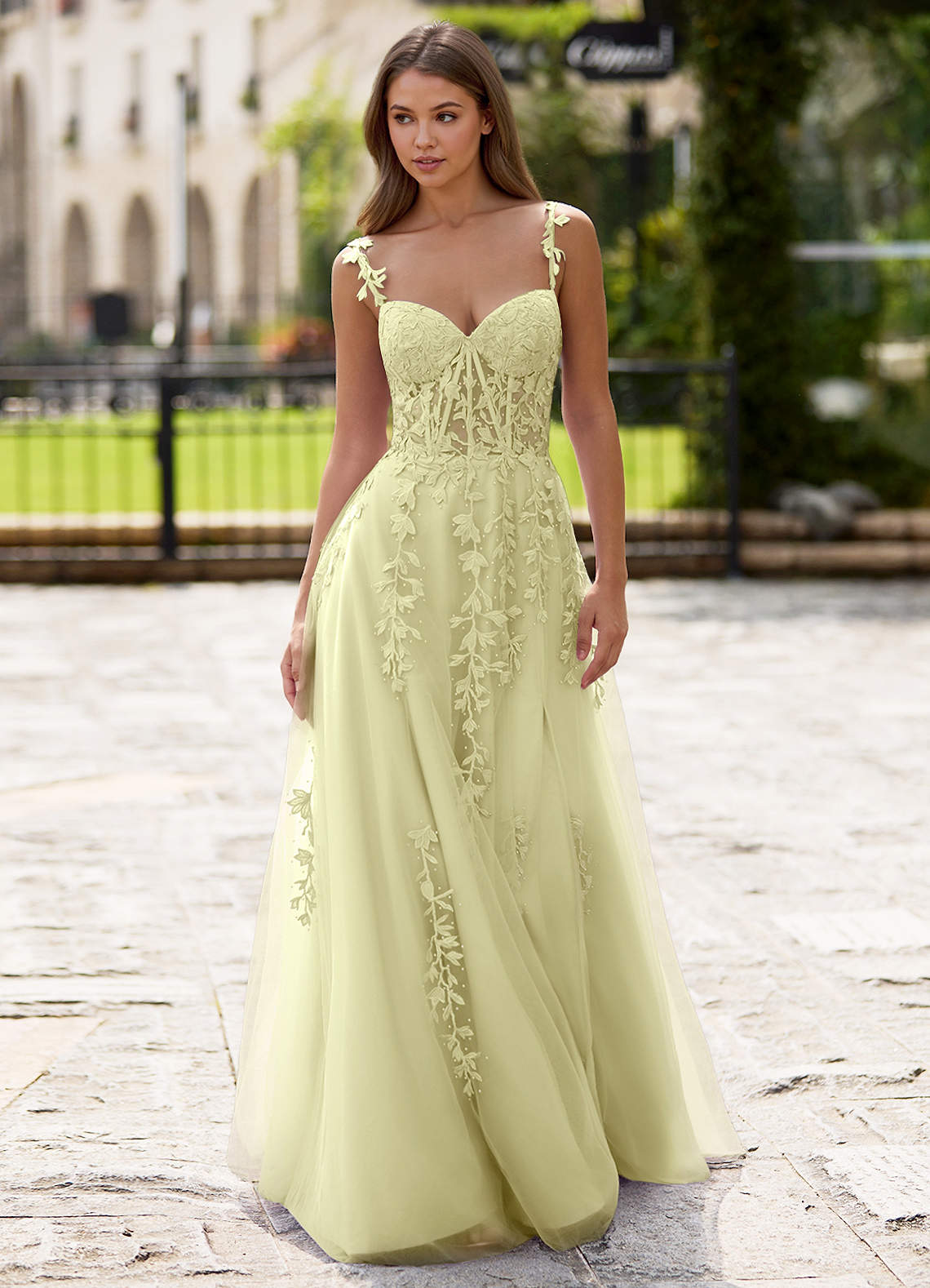 Dreamscape A-Line Sweetheart Lace Tulle Prom Dress in Yellow