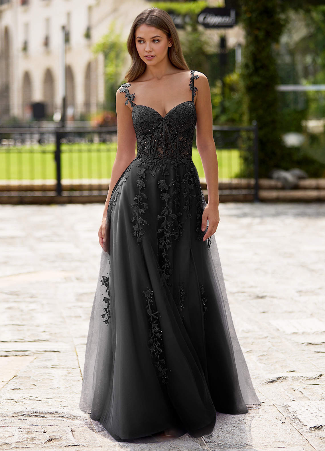 Dreamscape A-Line Sweetheart Lace Tulle Prom Dress in black