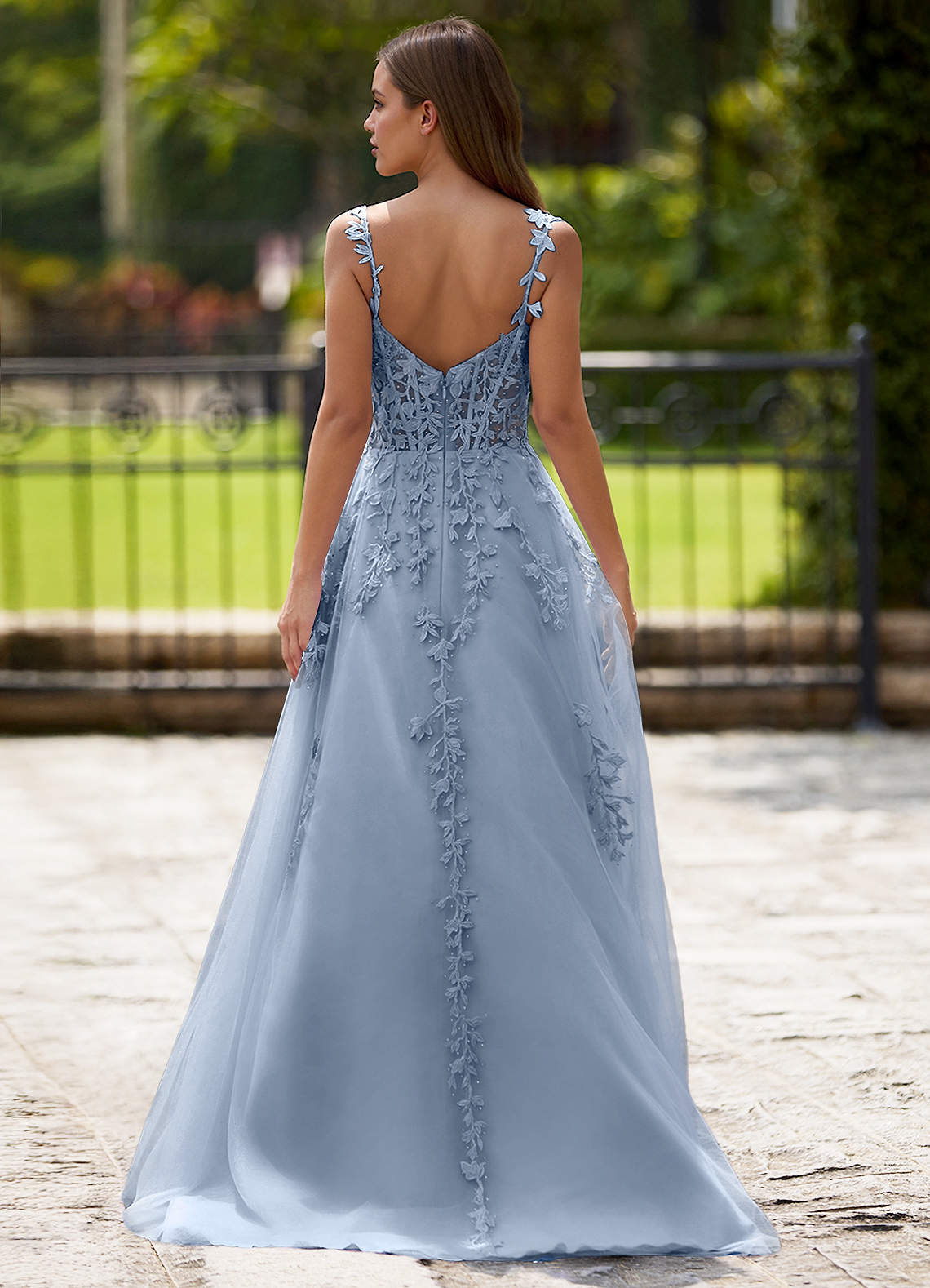 Dreamscape A-Line Sweetheart Lace Tulle Prom Dress in dusty blue