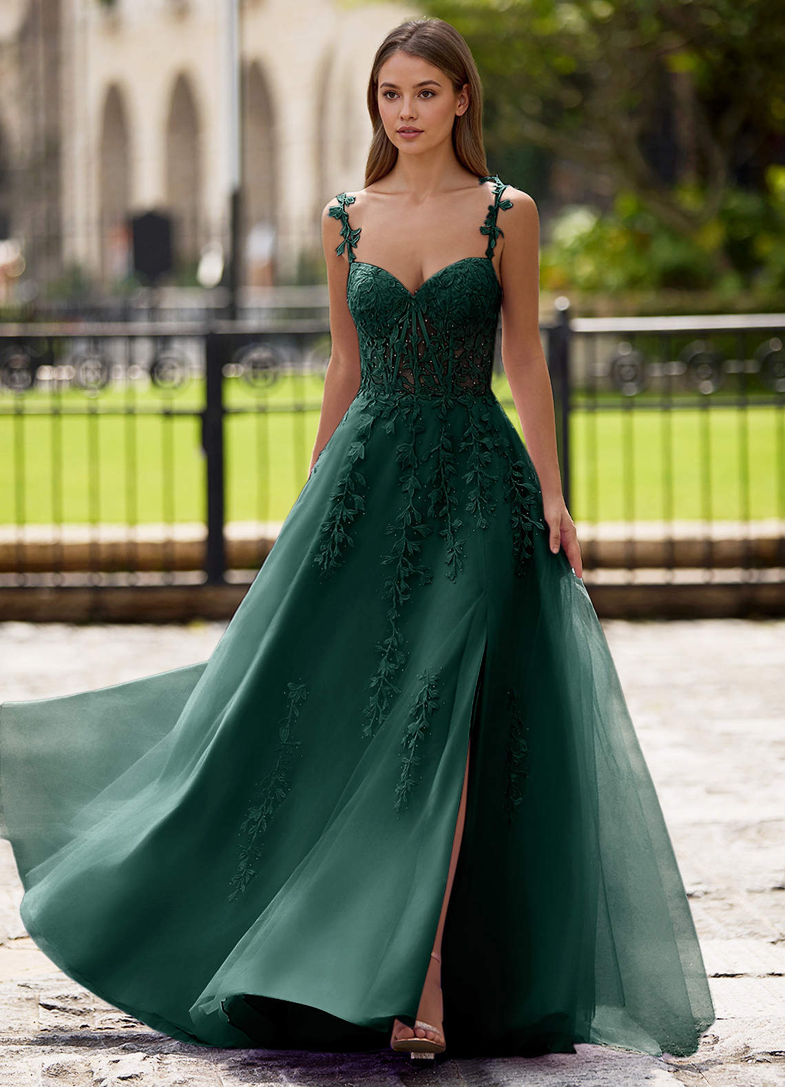 Dreamscape A-Line Sweetheart Lace Tulle Prom Dress in Dark Green
